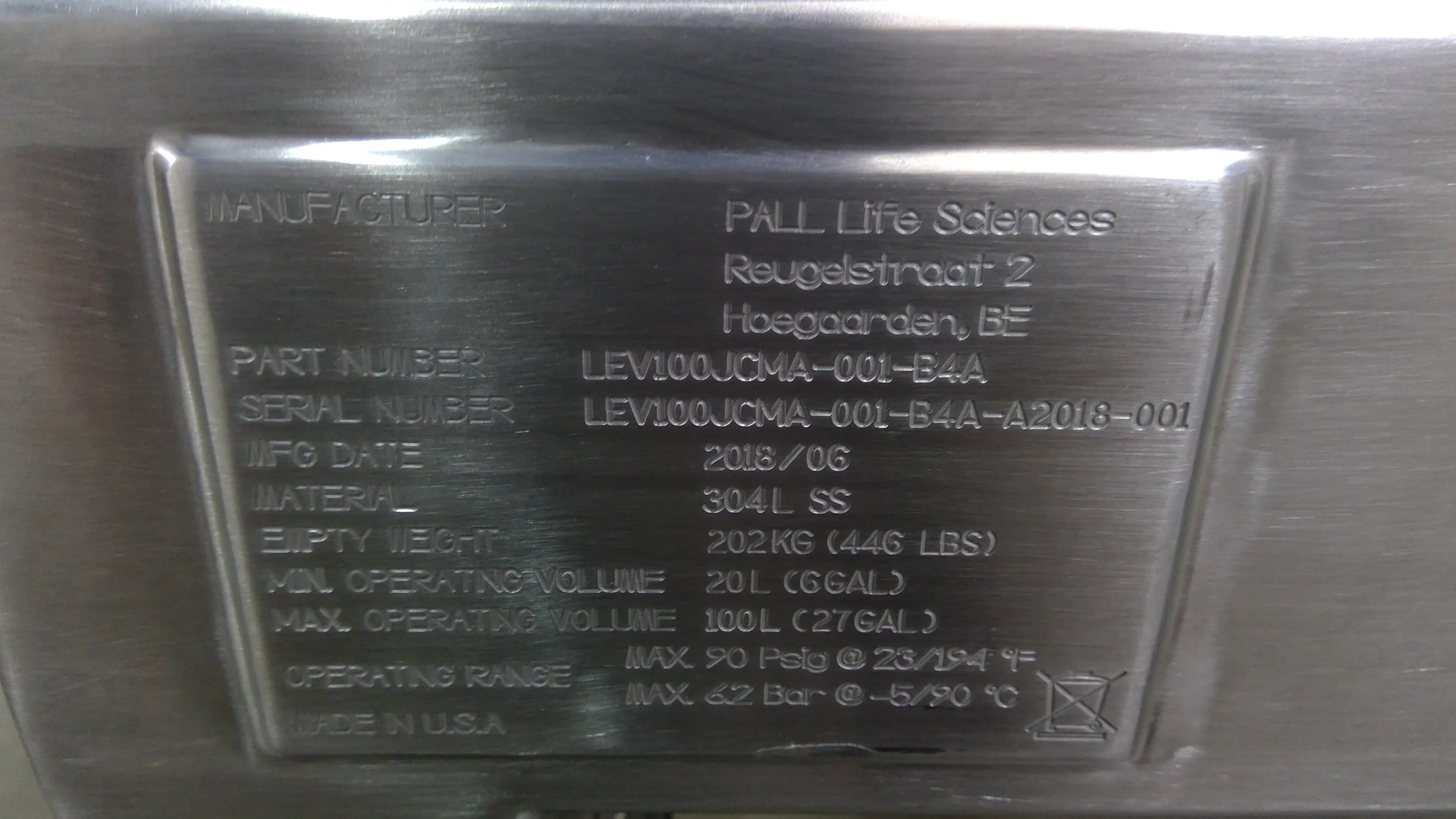 Pall LEV100JCMA-001-B4A Jacketed Mixer/Bag Tank with Load Cell 100L