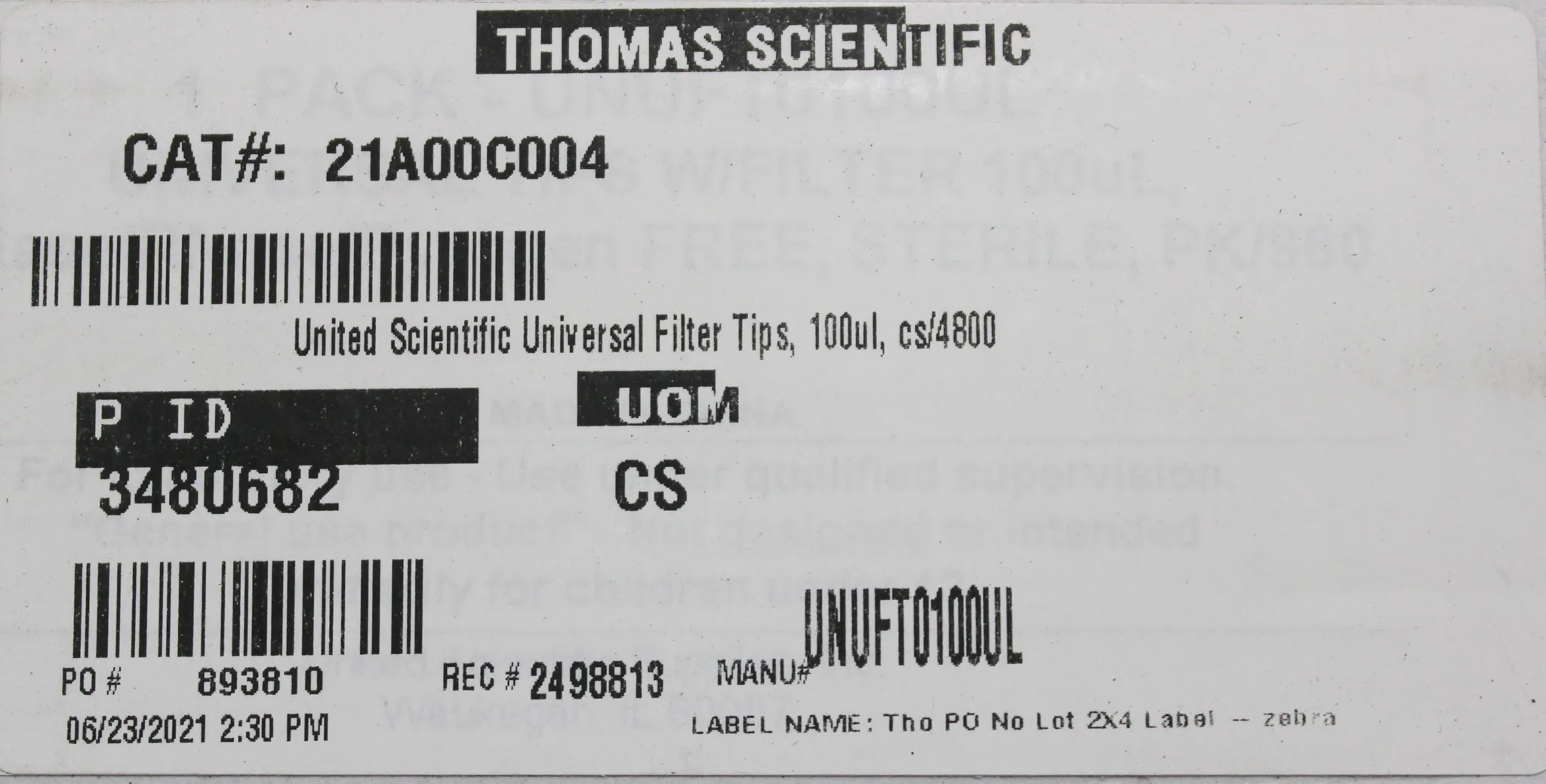 Thomas Scientific Universal Filter Tips,100ul Lot:210305