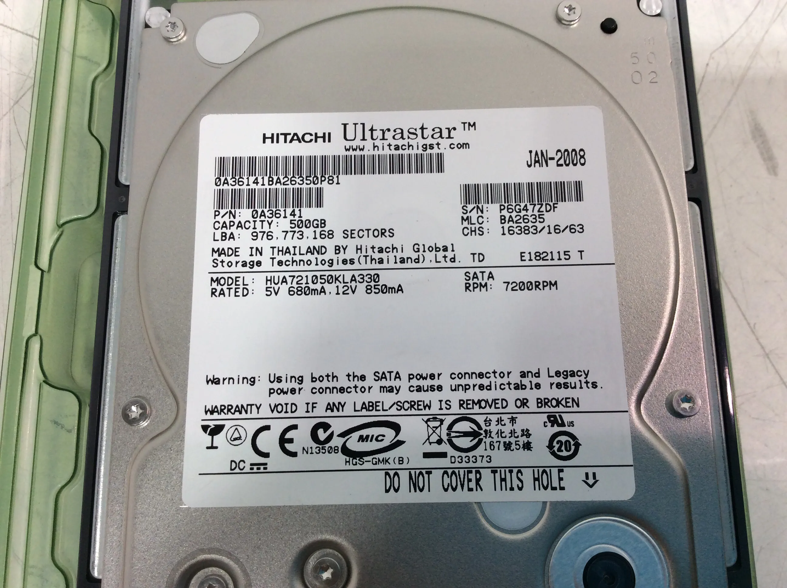 Hitachi Ultrastar HUA721050KLA330 500GB SATA Hard Drive 0A36141