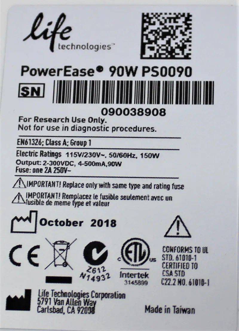 Life Technologies - PowerEase 90W PS0090 Power Supply