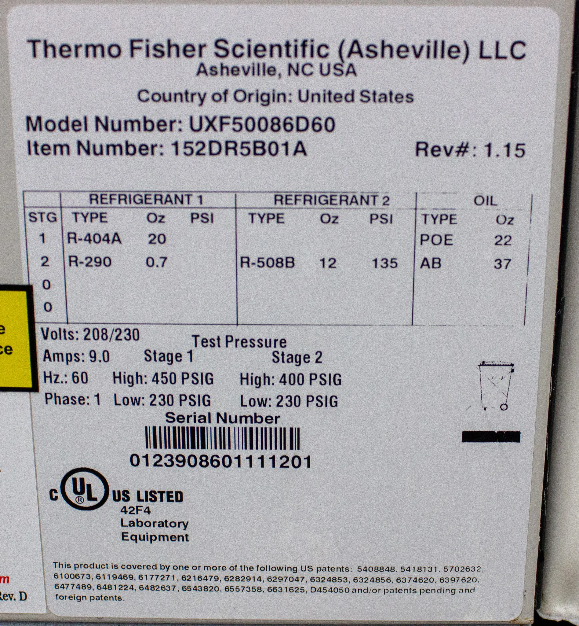 Thermo Revco UXF -86C Upright Ultra Low Temperature Freezer Model UXF50086D60