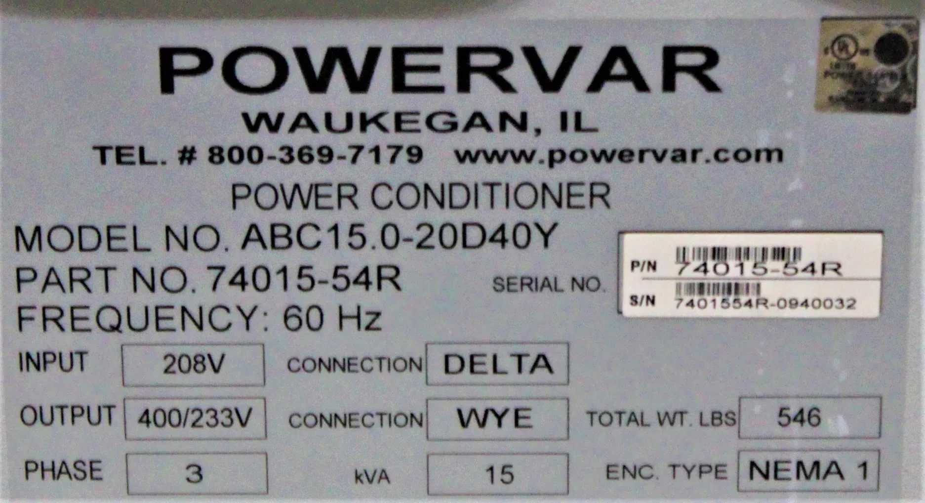 Powervar GPI Series 2000 Power Conditioner - ABC15.0-20D40Y