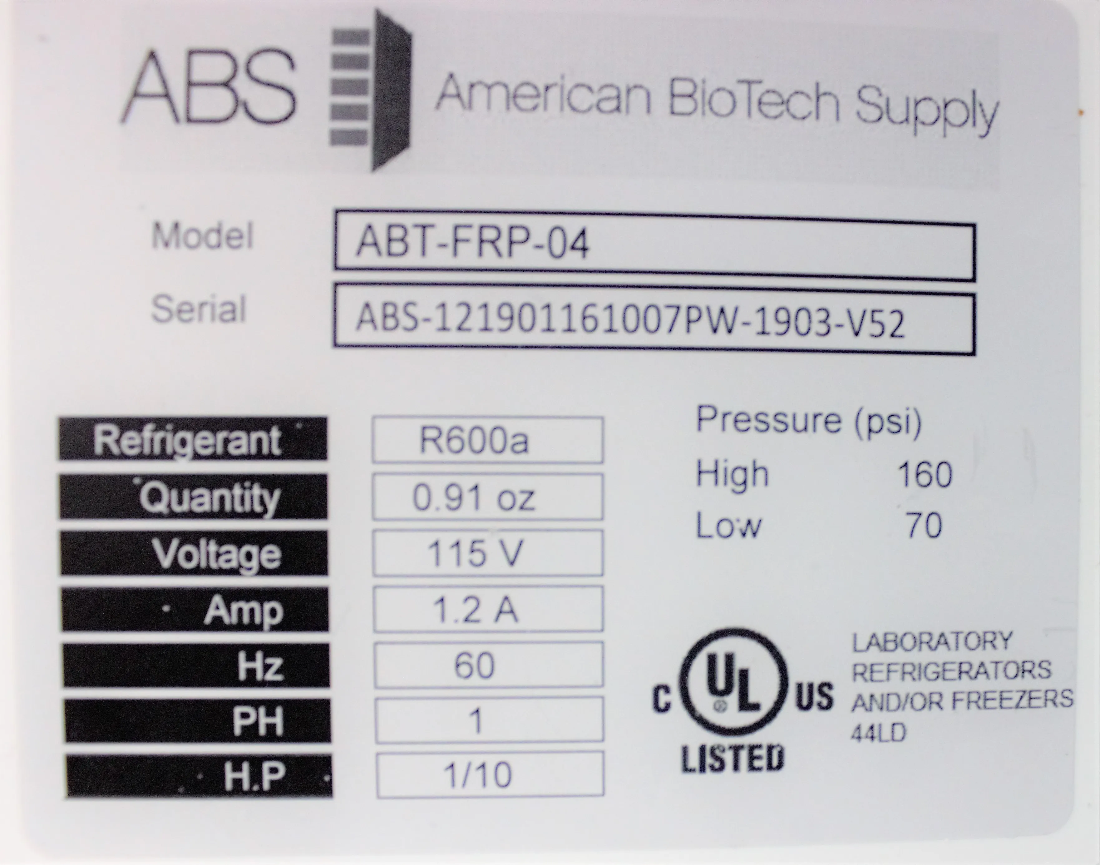 American Biotech Supply 5 Cu Ft Standard Undercounter Flammable Storage Refrigerator ABT-FRP-04