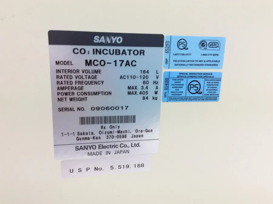 Sanyo CO2 Incubator Model MCO-17AC with InCu saFe Interior and Anti-Contamination Design