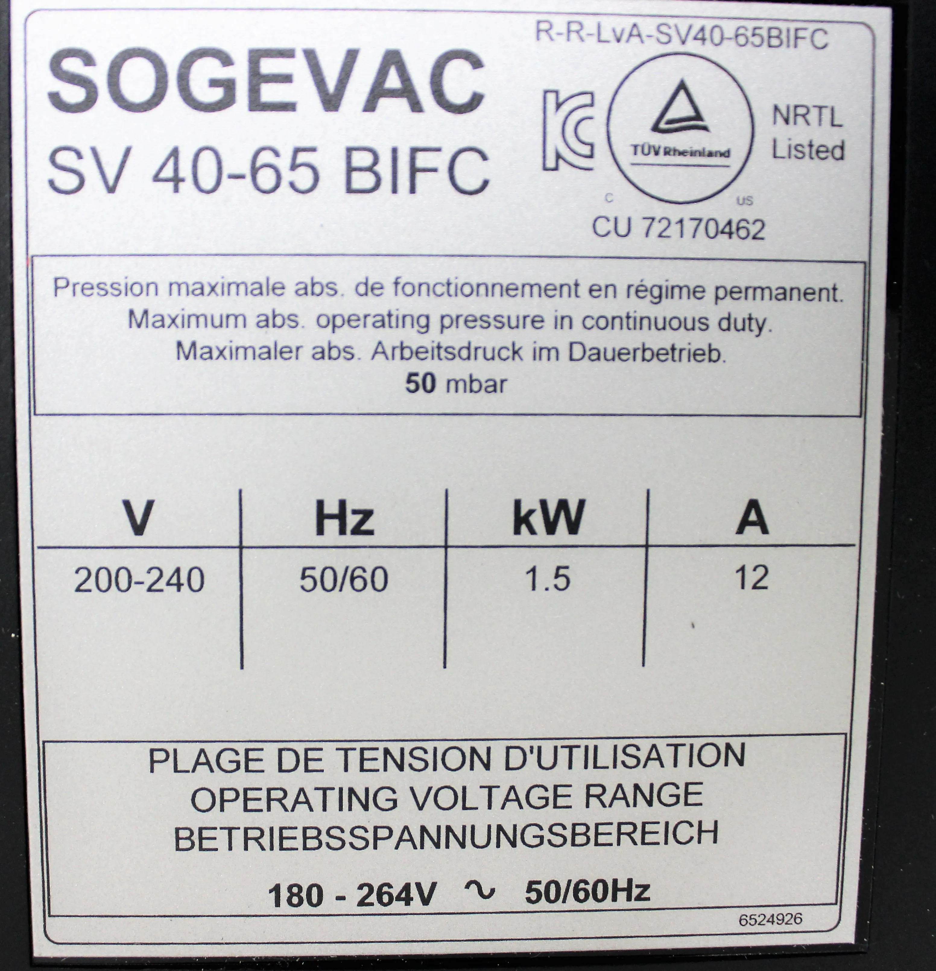 Leybold SOGEVAC SV65BIFC Vacuum Pump 220V 50/60Hz