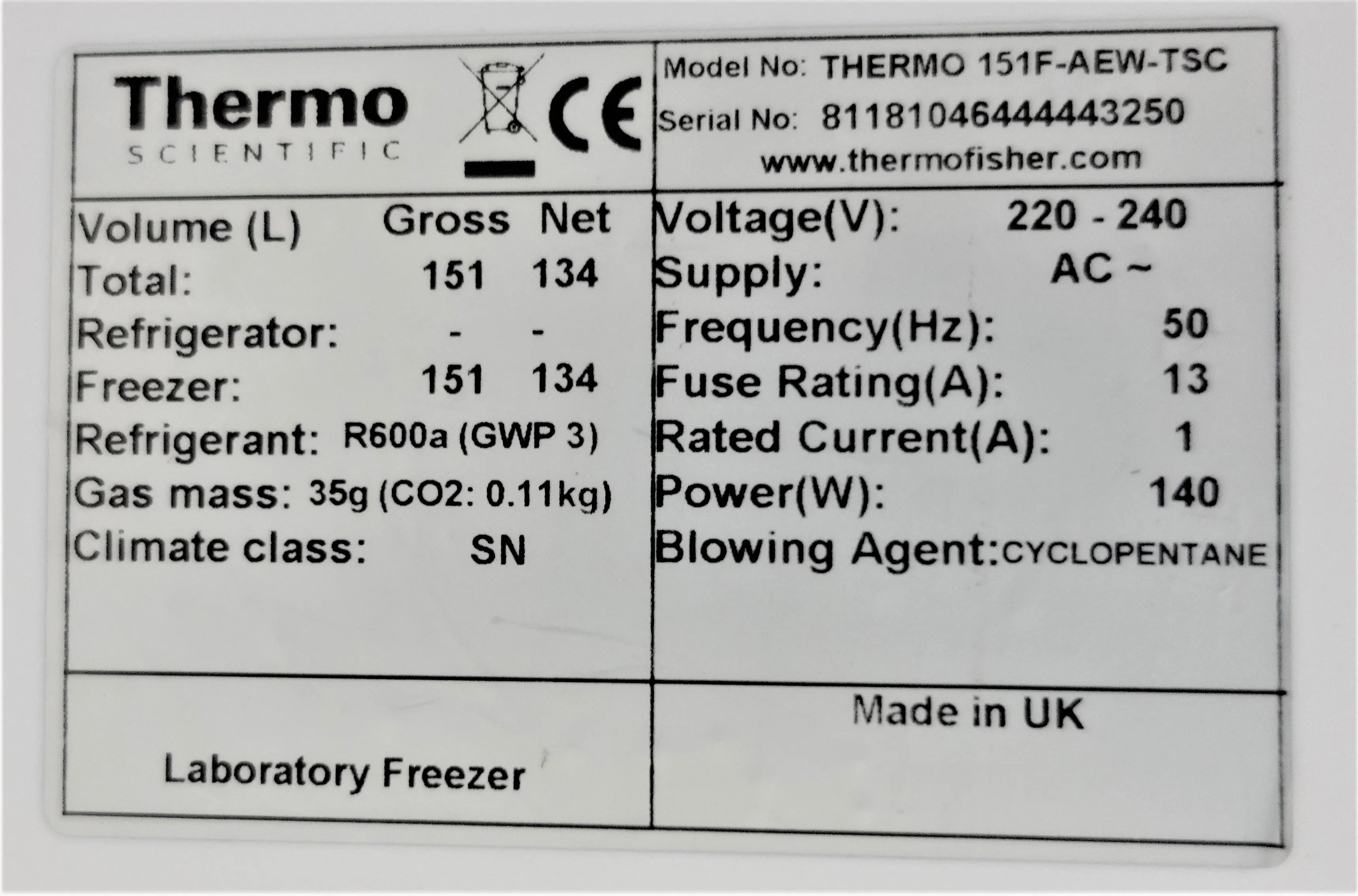 Thermo Fisher Scientific -20 Freezer 151L 230V 50Hz UK Plug