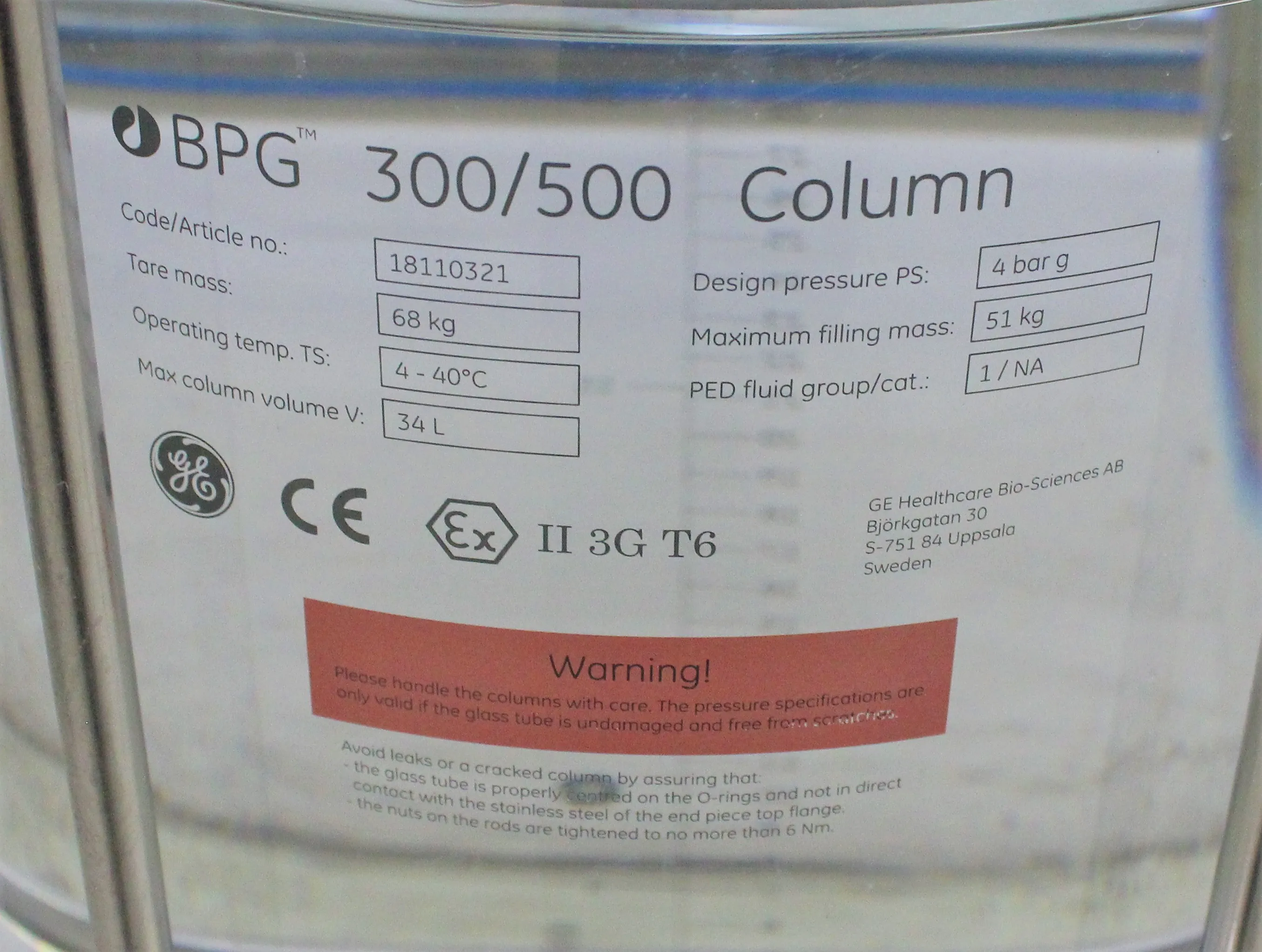 Used GE Healthcare BPG 300/500 Glass Chromatography Column