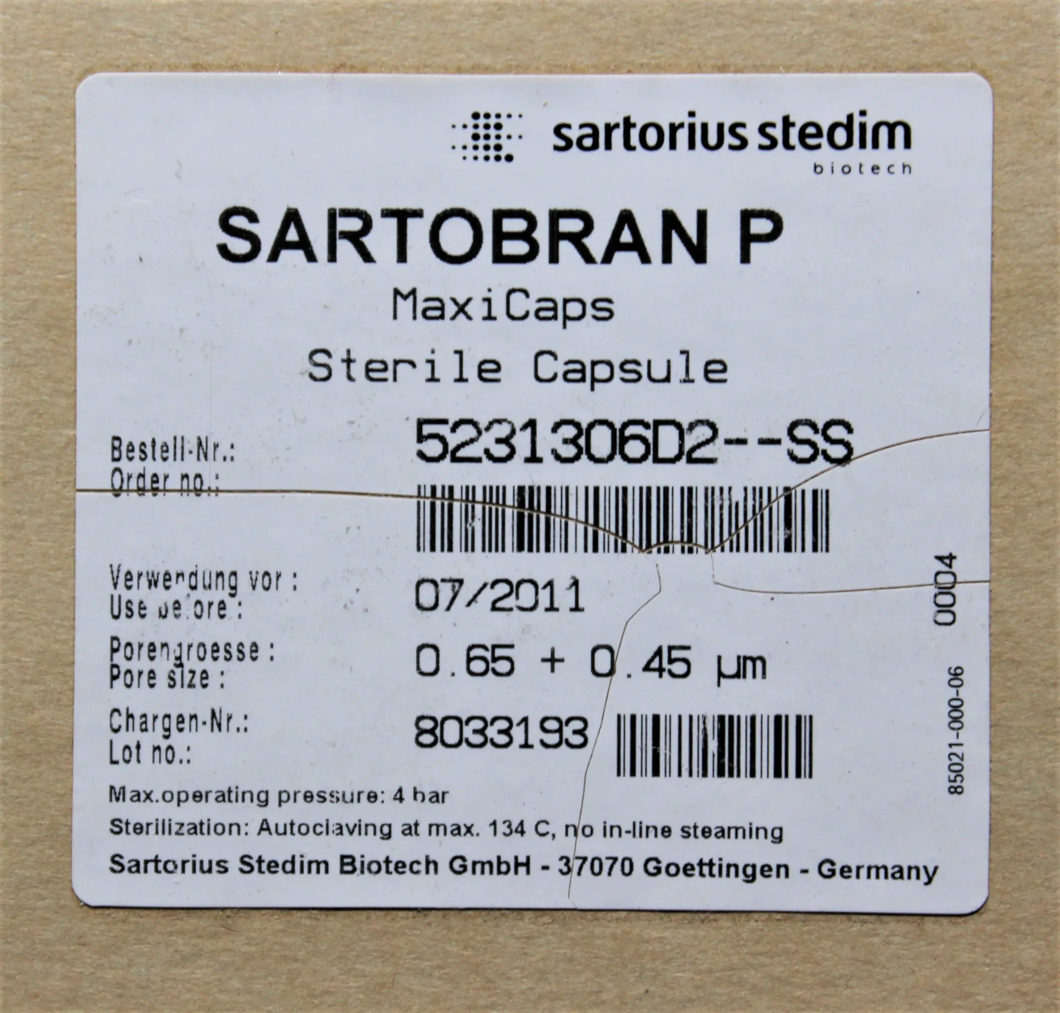 Sartorius Sartobran P MaxiCaps Sterile Capsule 5231306D2-SS 0.65um + 0.45um