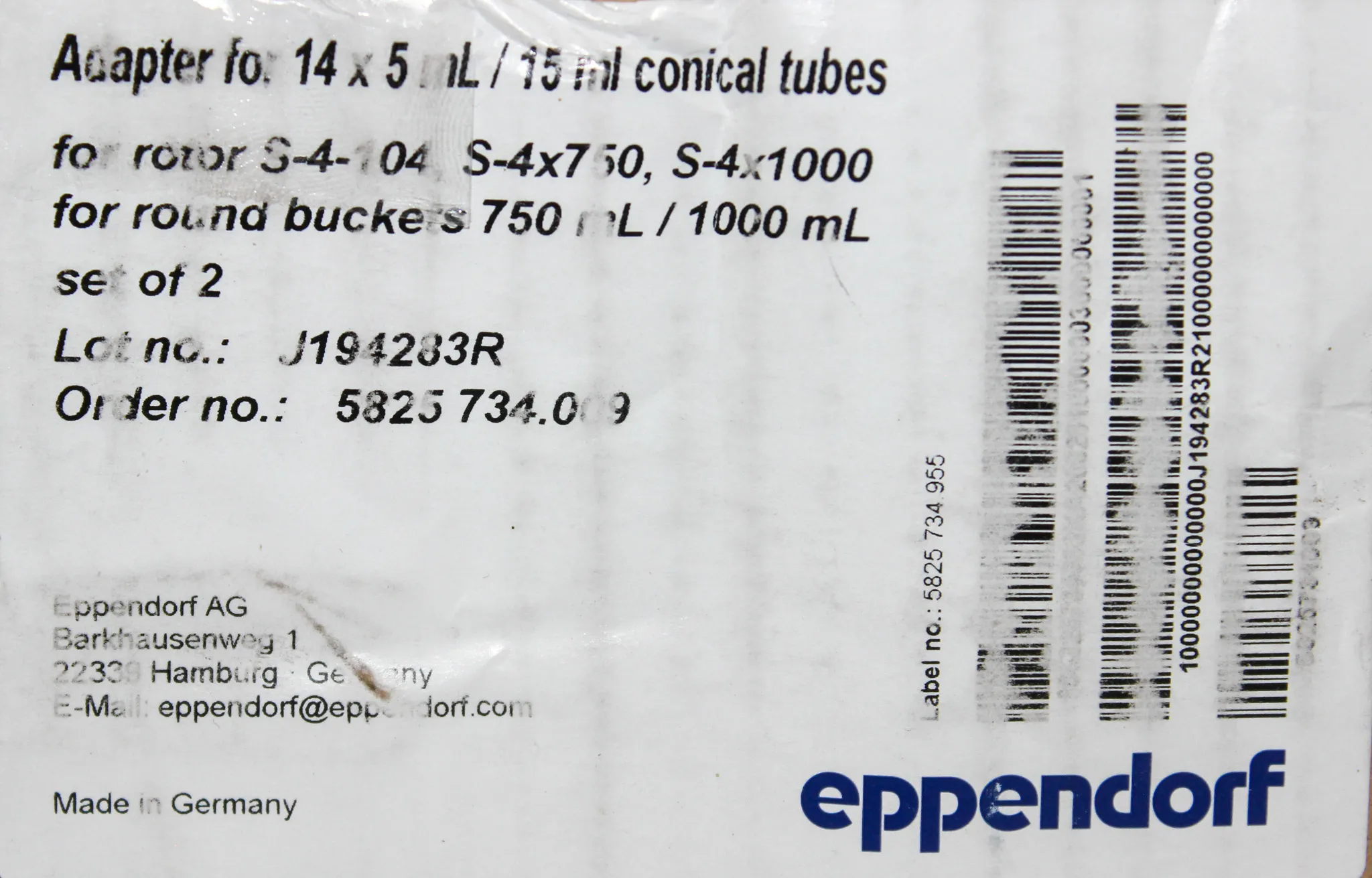 Eppendorf Adapter for 14 X 5 ml. / 15ml. Conical Tubes - Lot: J194283R