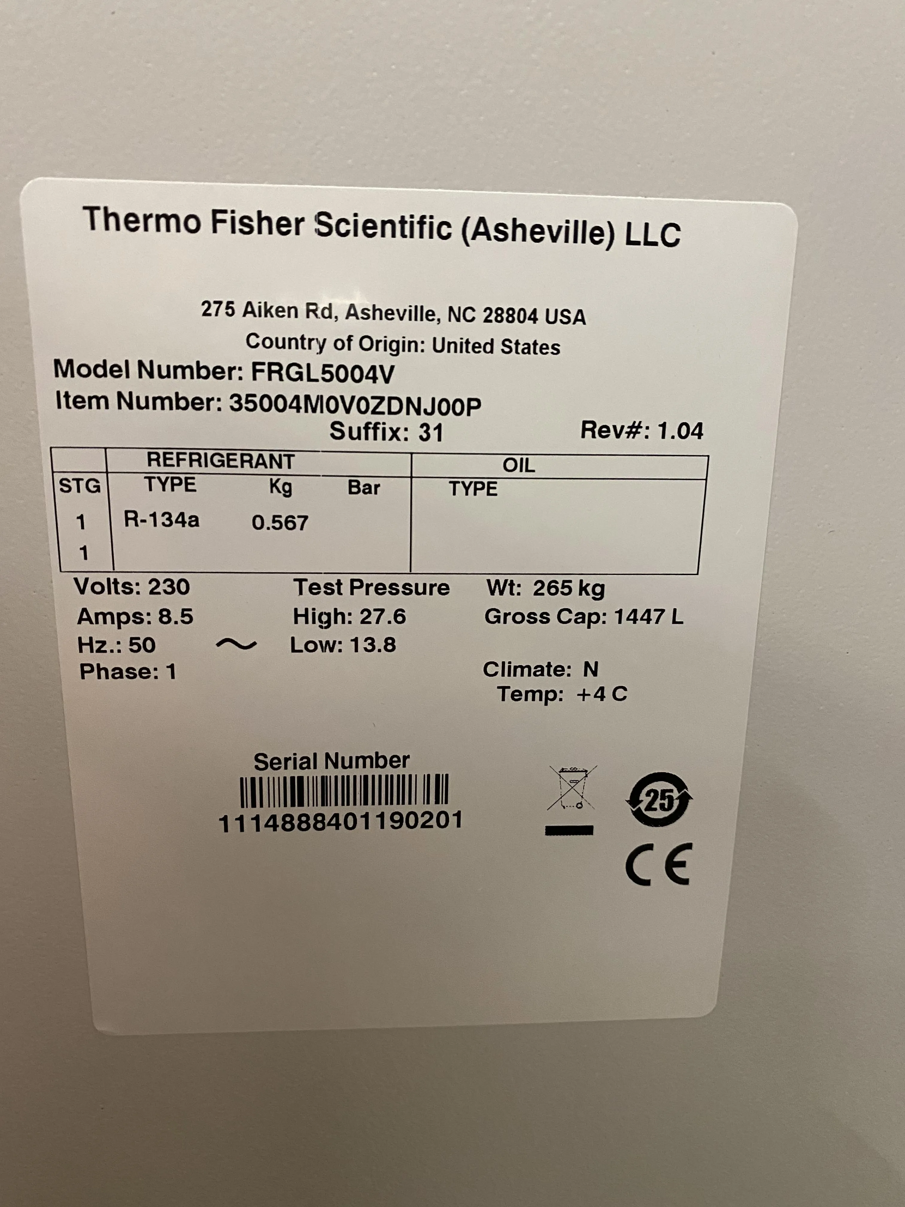 Thermo Scientific Forma High-Performance Lab Refrigerator FRGL5004V