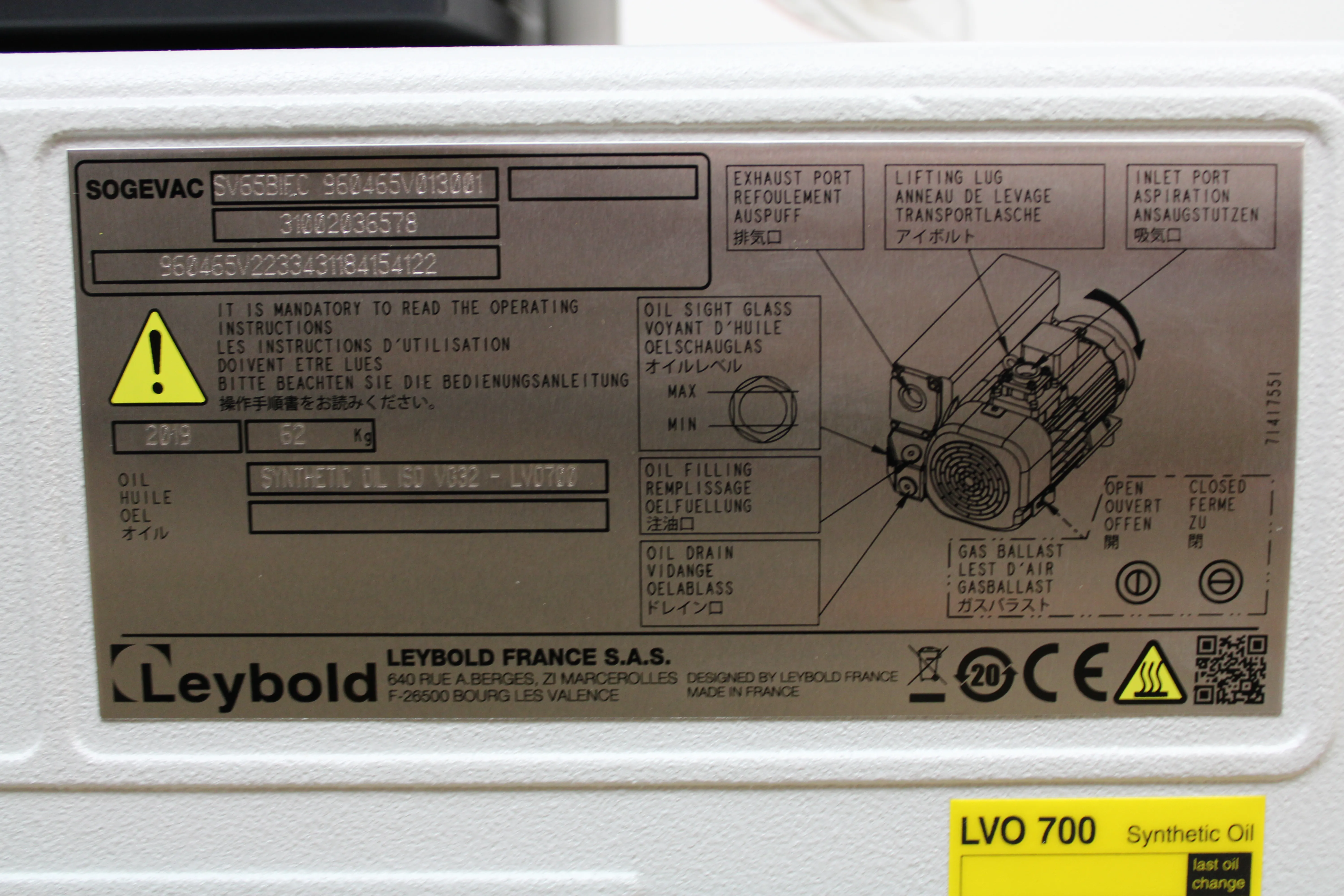 Leybold SOGEVAC SV65BIFC 960465V013001 Vacuum Pump