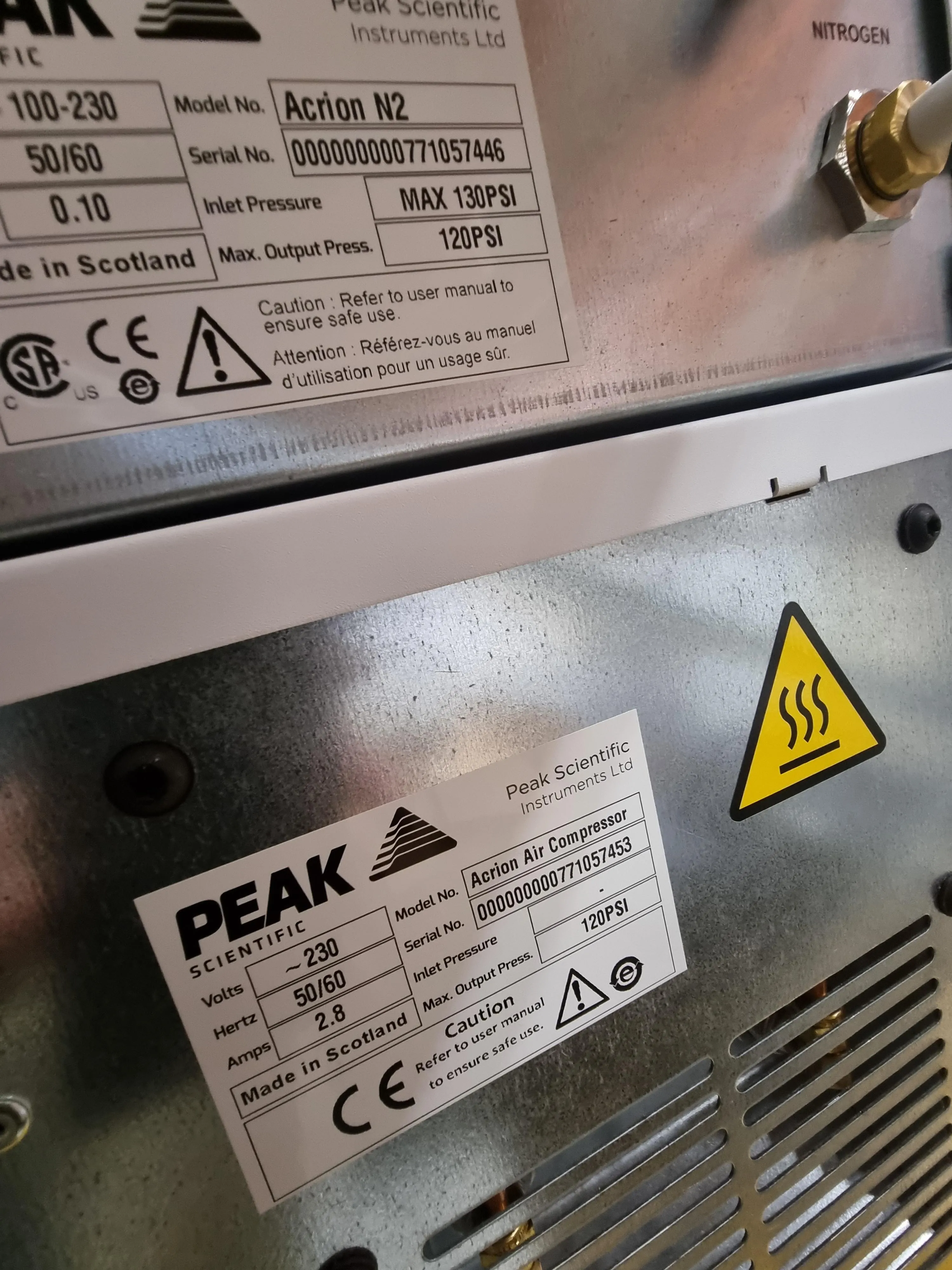 Peak Scientific Acrion N2 Nitrogen Generator & Air Compressor - Used Laboratory Equipment