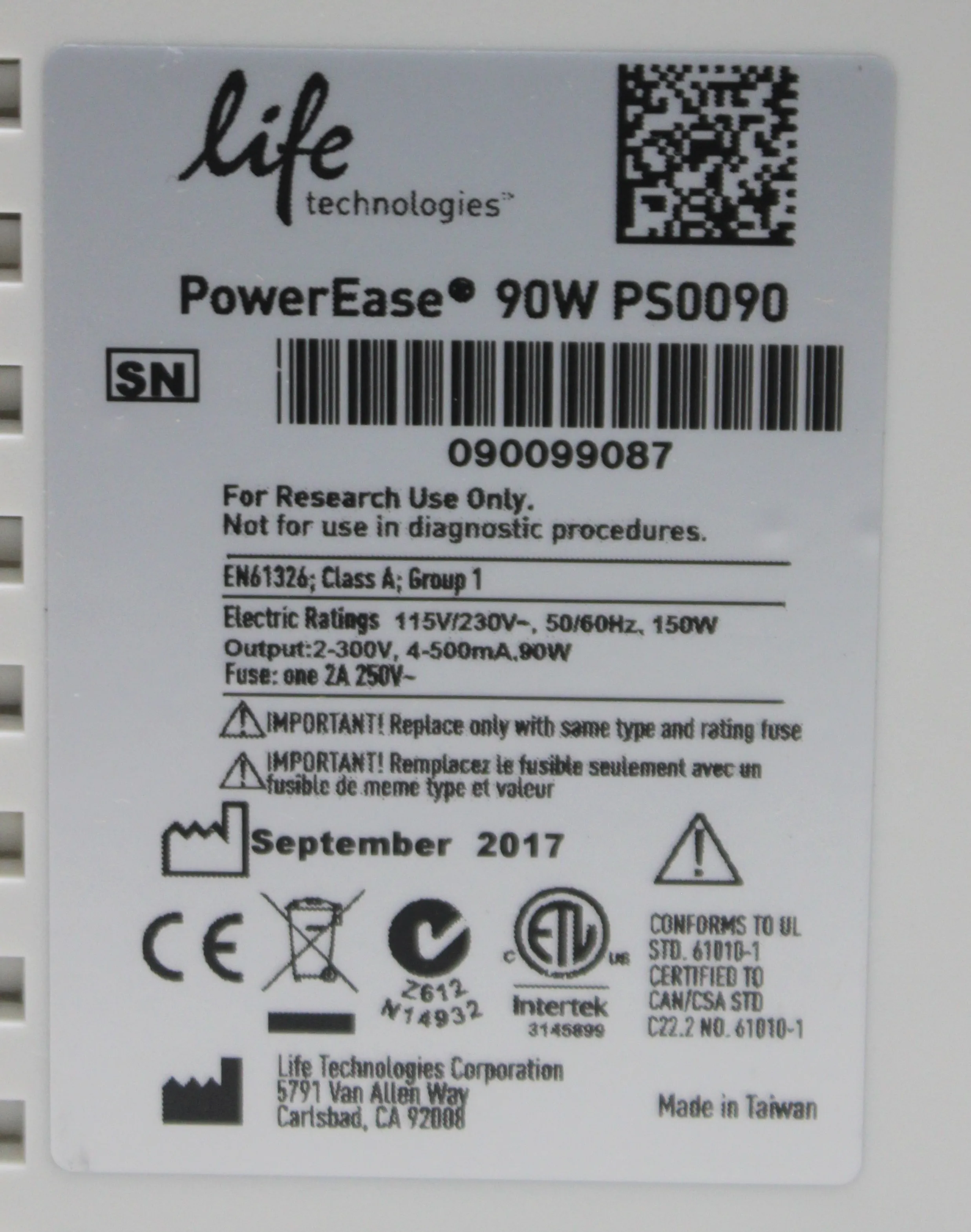 Life Technologies PowerEase 90W PS0090 Light Box Power Supply Life Sciences Research Electrophoresis Used