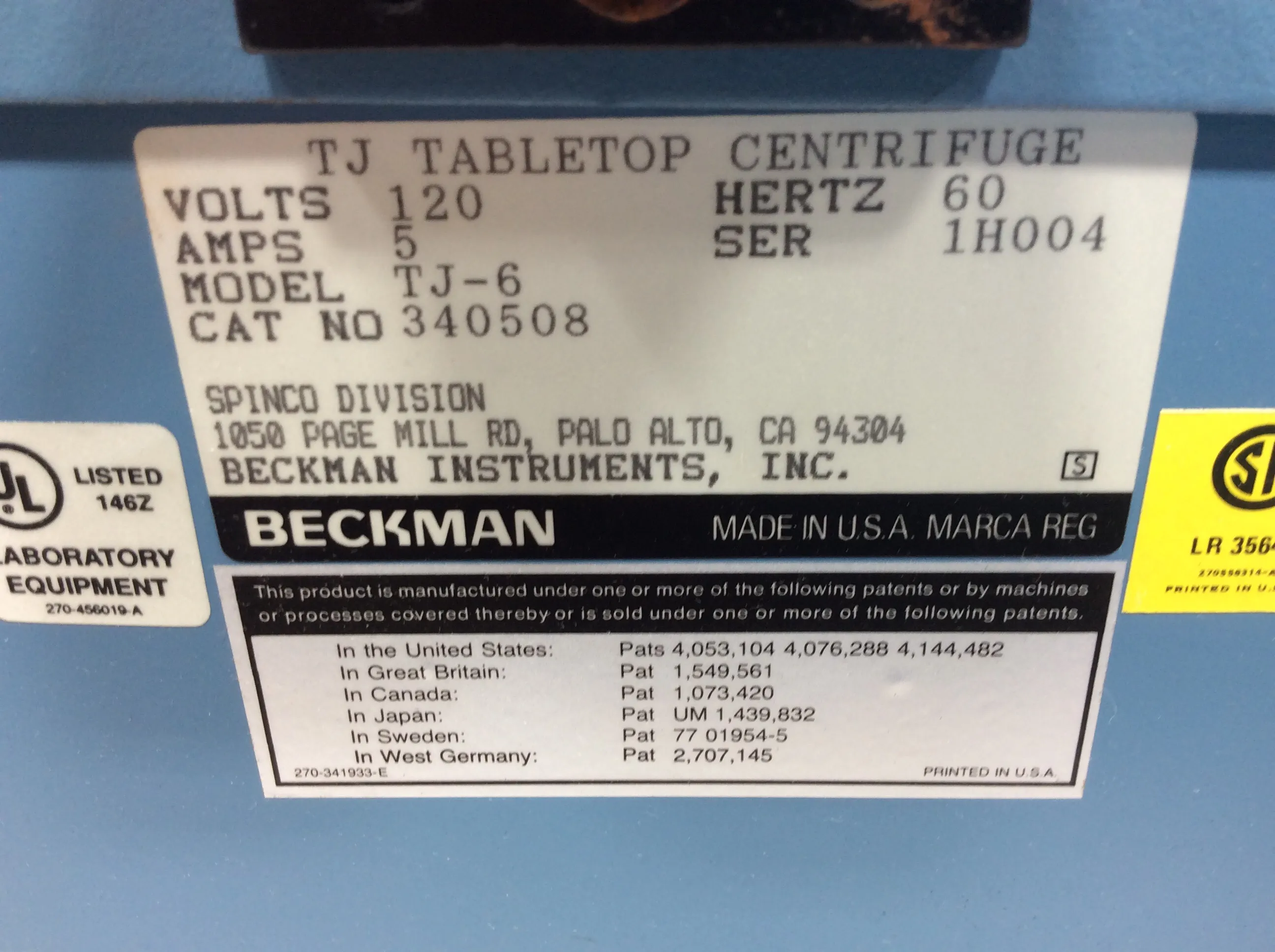 Beckman TJ-6 Benchtop Centrifuge with Swing Bucket Rotor