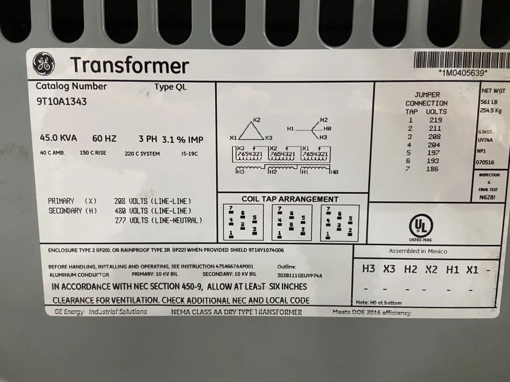 GE Transformer 9TA0A1343 - Type QL Dry Standard Vented - 45 kVA - 208VAC to 480Y/277VAC