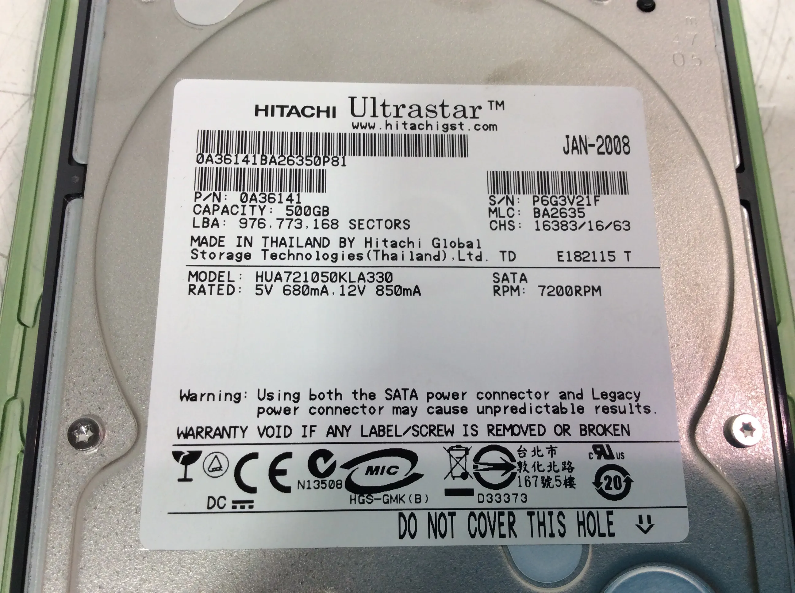 Hitachi Ultrastar HUA721050KLA330 500GB SATA Hard Drive 0A36141 - Used Laboratory Equipment