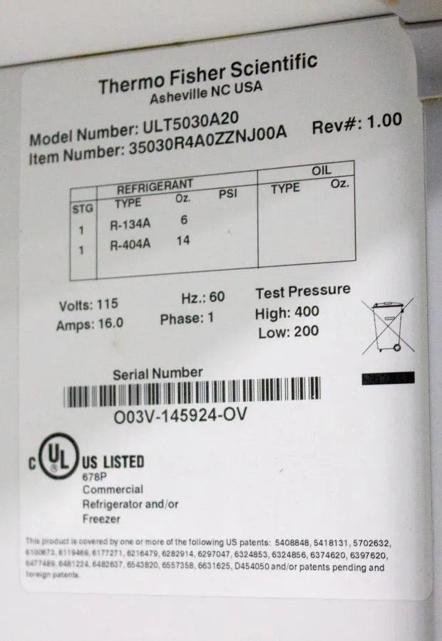 Thermo Scientific Revco ULT5030A20 -30C Lab Freezer 51.1 Cu. Ft., Upright, 120V