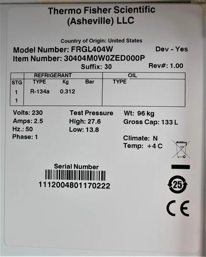 Thermo Fisher FORMA +4C Refrigerator FRGL404W Brit As-is, CLEARANCE!