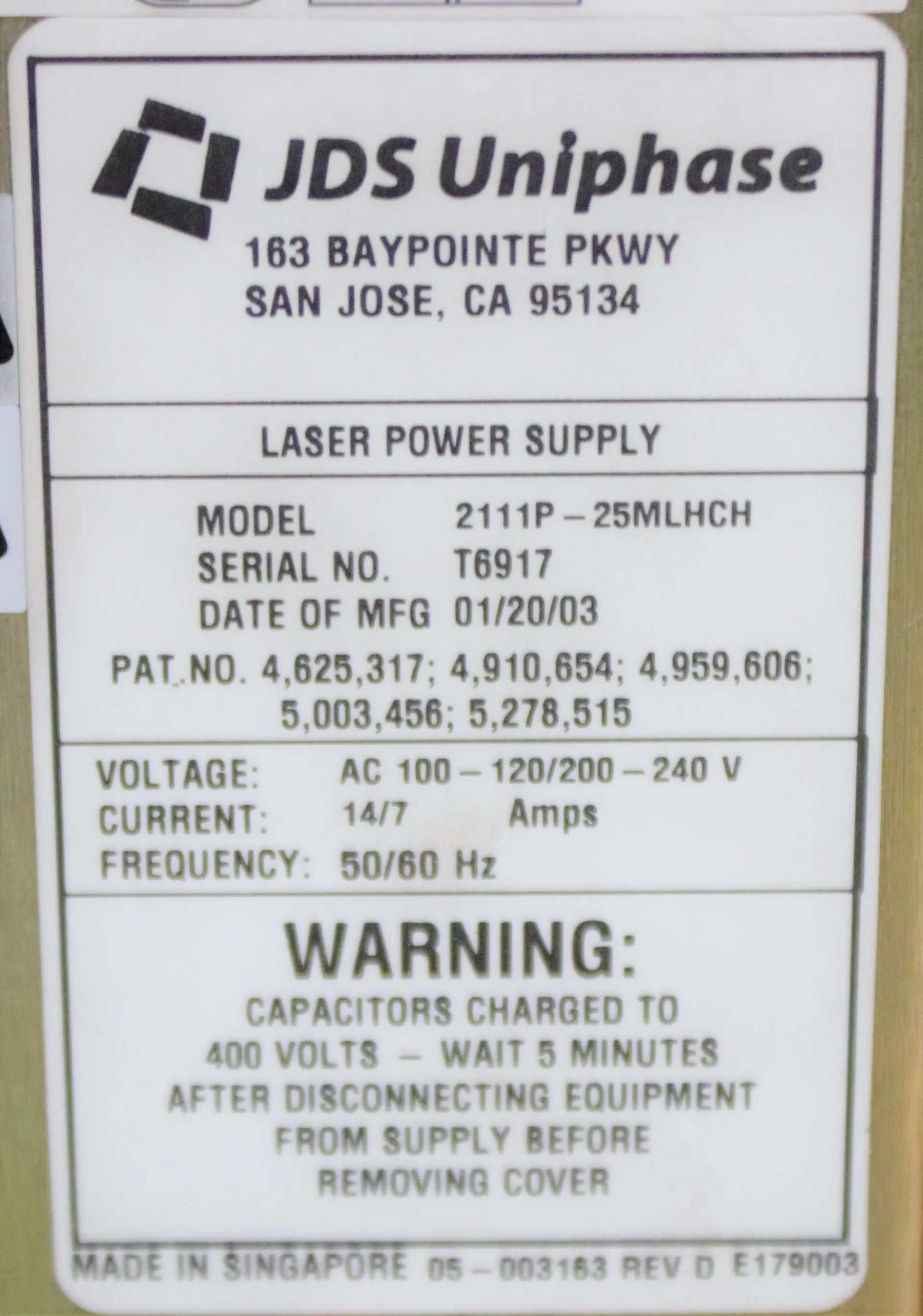 JDS Uniphase Laser Power Supply 2111P-25MLHCH