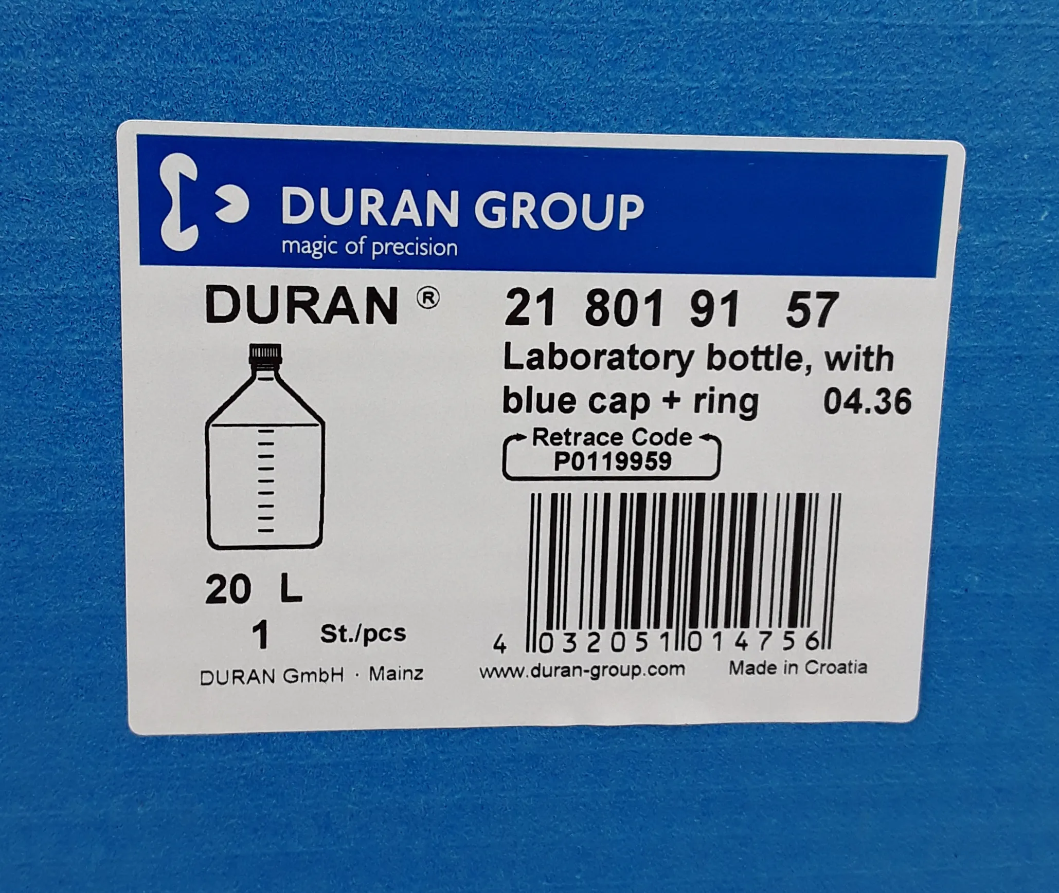 DURAN 218019157 Laboratory Bottles with Retrace Code and Screw Cap - 20000ml