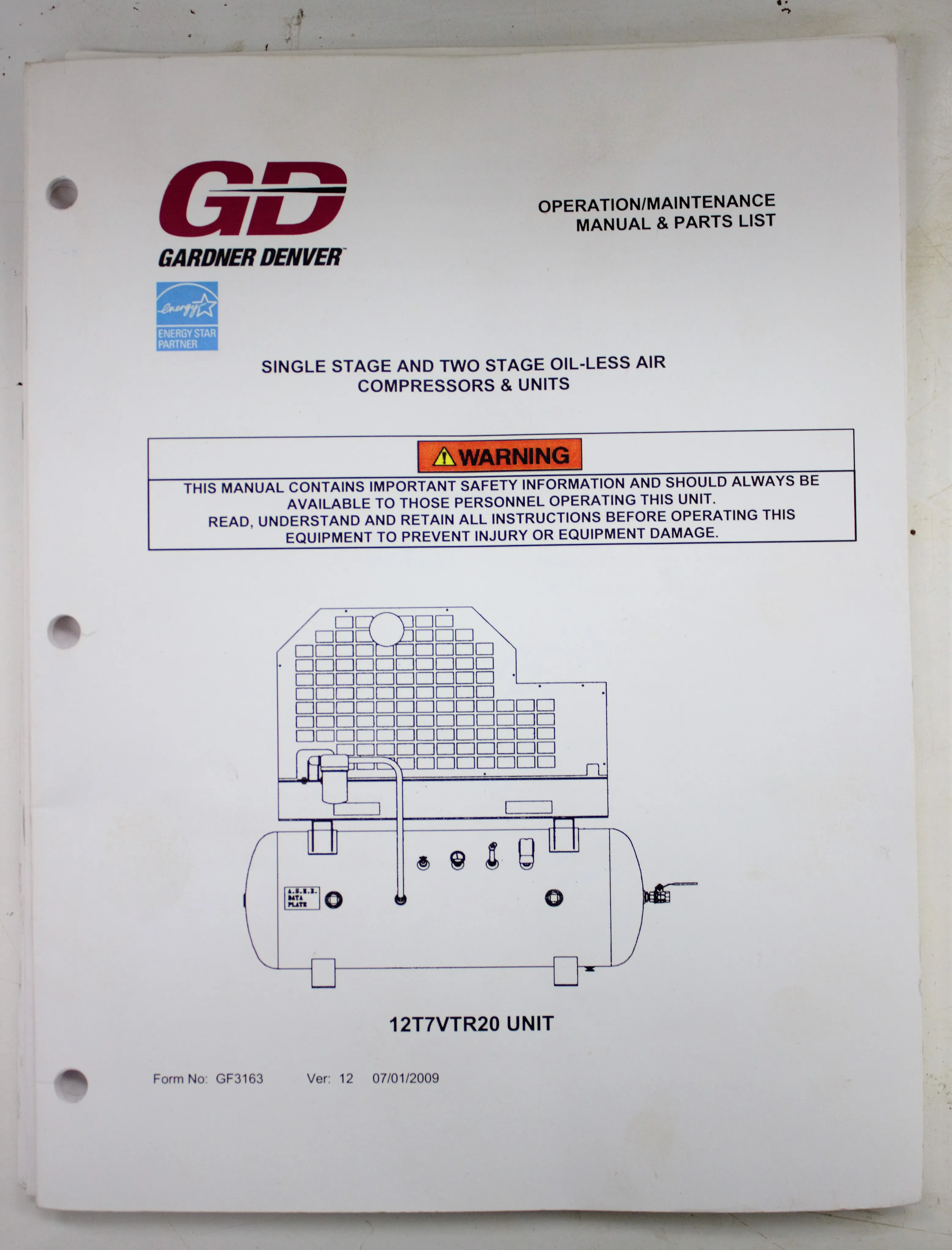 Gardner Denver PureAir Series Oil-Less Air Compressor 15WTR45 - Used