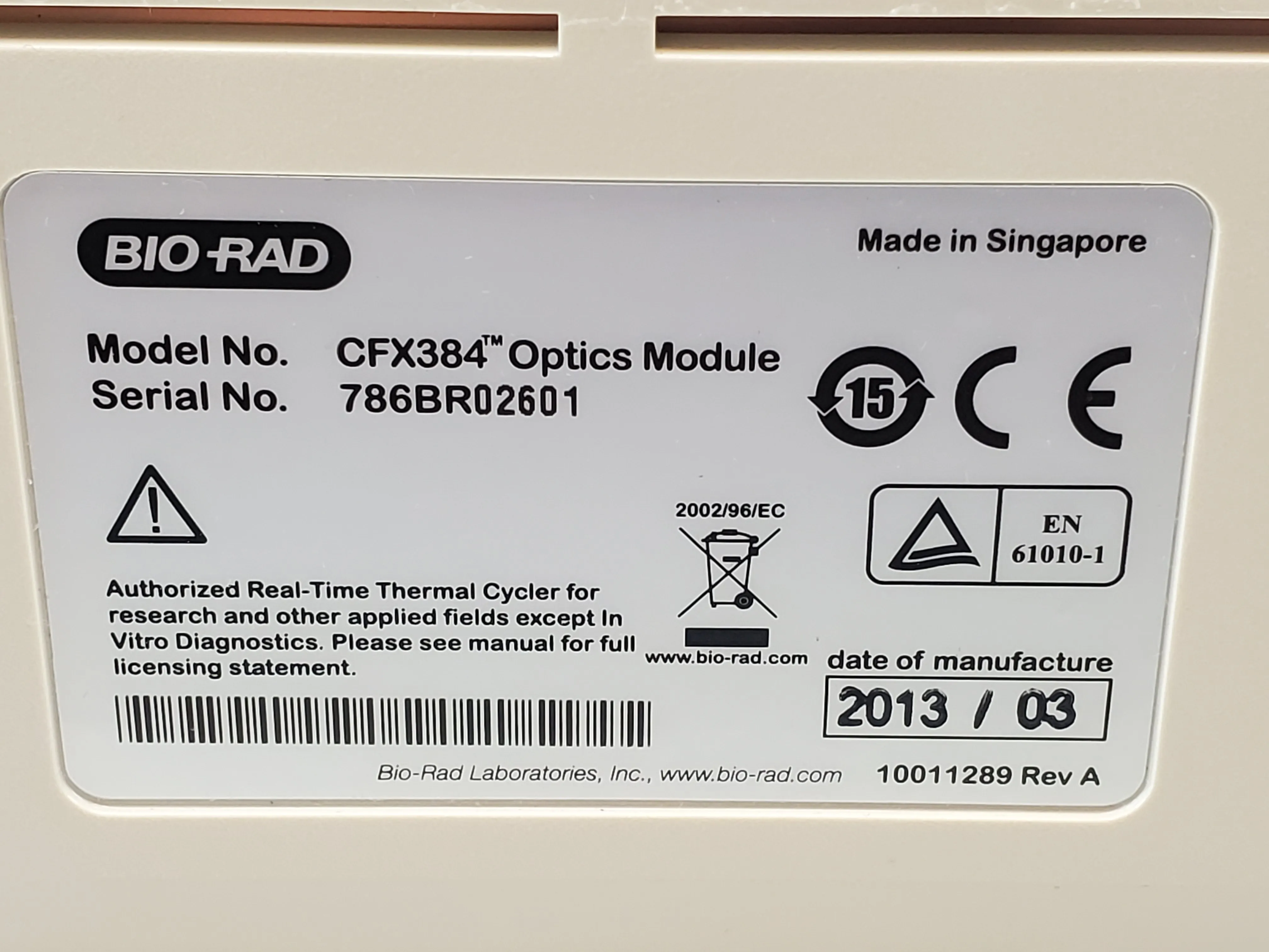 BIO-RAD CFX384 Optics Module; C1000 Touch Thermal Cycler