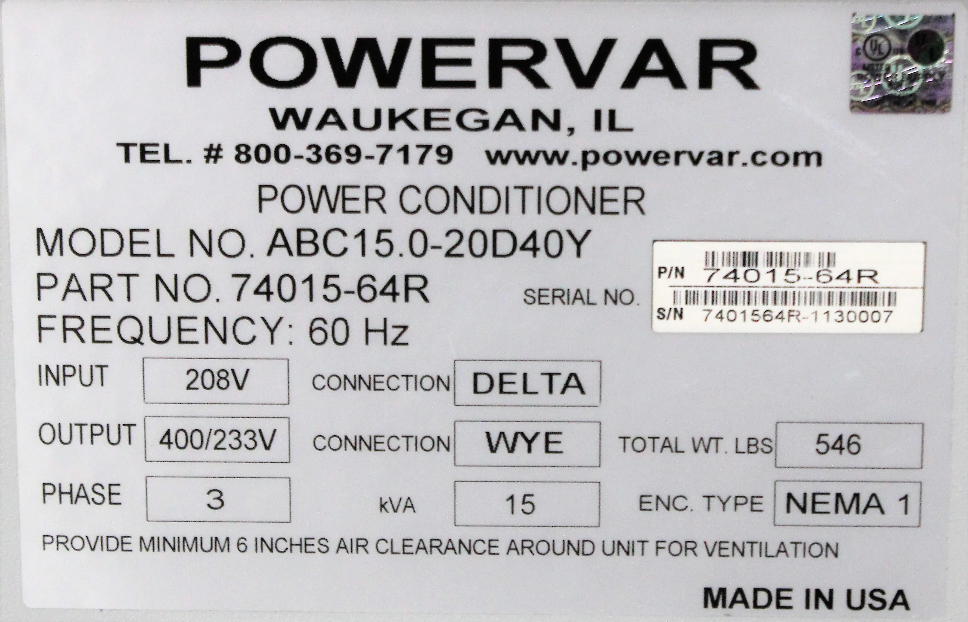 Powervar ABC15.0-20D40Y Transformer