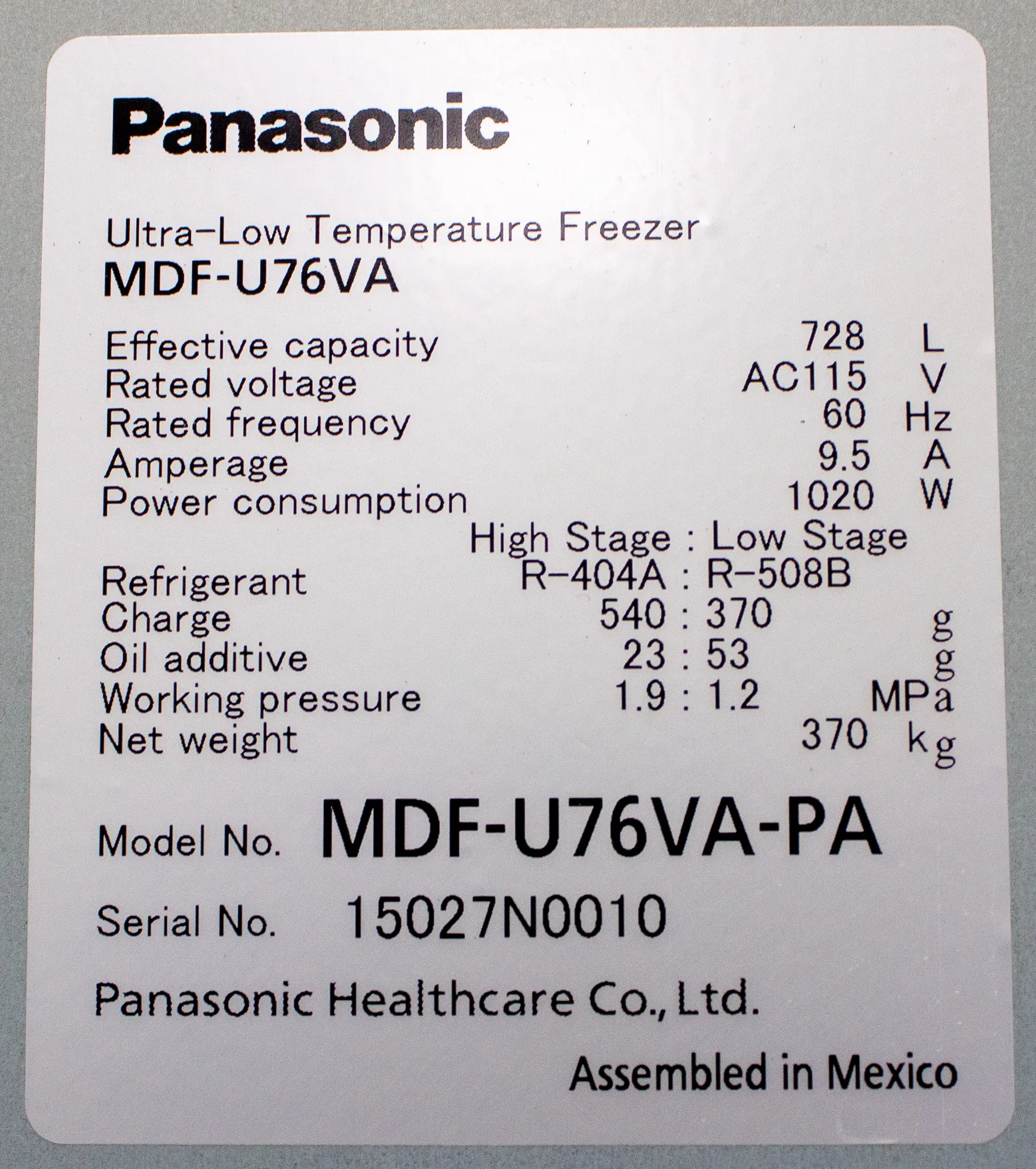 Panasonic VIP Plus Series MDF-U76VA-PA -86 Ultra Low Temperature Freezer