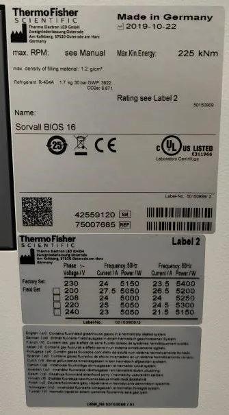 Thermo Scientific Sorvall BIOS 16 Bioprocessing Centrifuge 5,400 RPM 8,500 x g