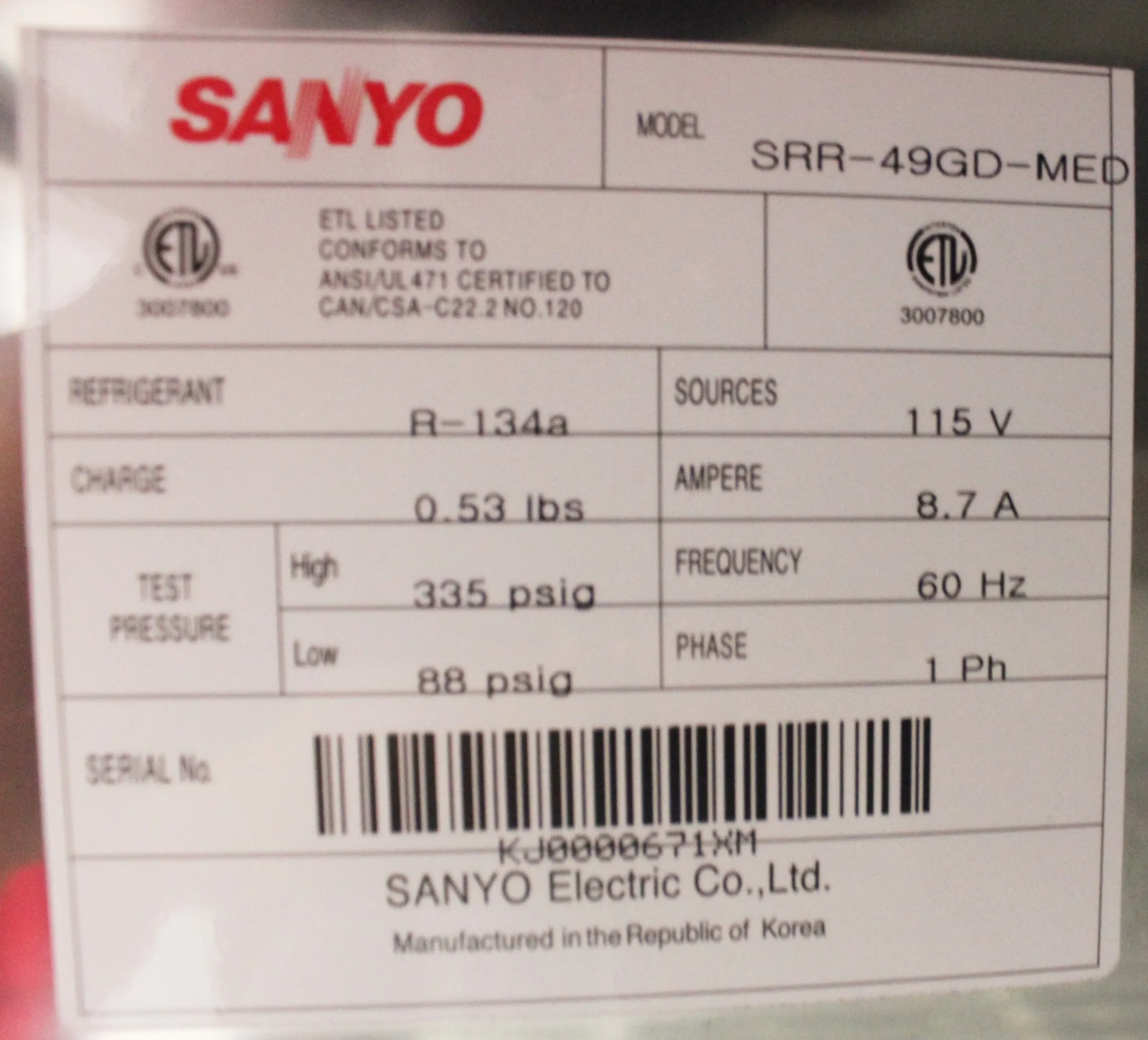 Sanyo SRR-49FD-MED Refrigerator - Class 4 - As-Is - Needs Repairs - 120V, 60Hz US