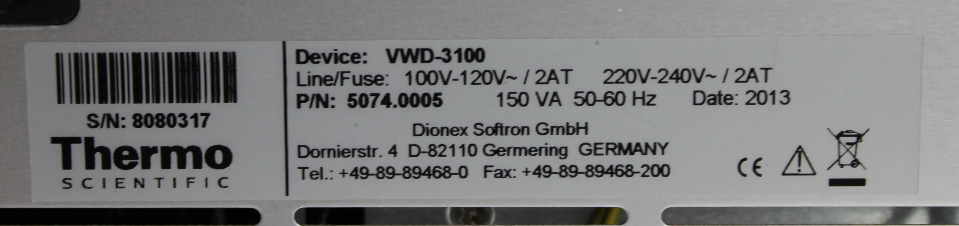 Thermo Fisher Dionex UltiMate VWD-3100 Variable Wavelength Detector 5074.0005