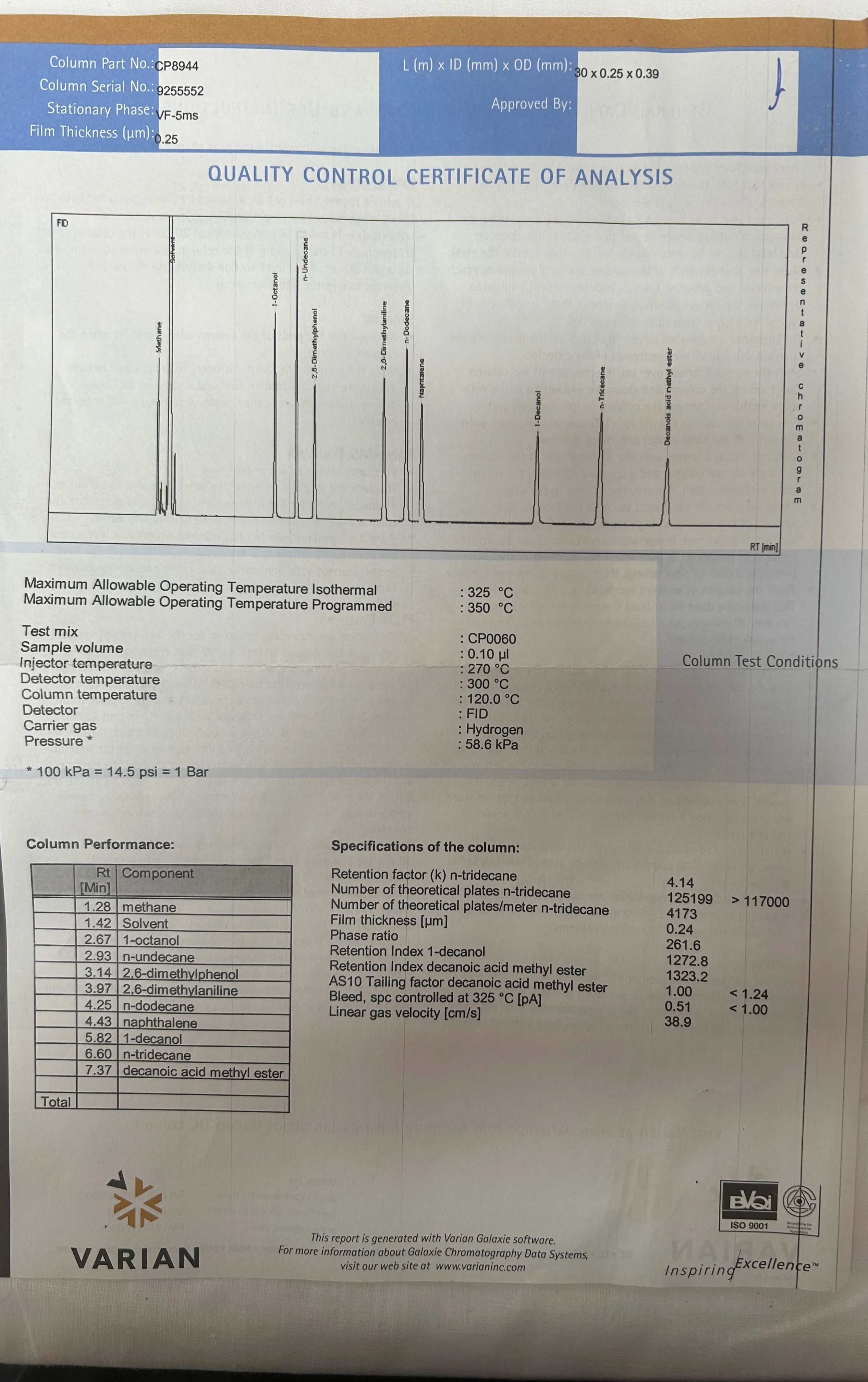 Varian Factor Four Capillary Column VF-5ms, 30m x 0.25mm ID DF = 0.25 100% Parts and Labor Warranty