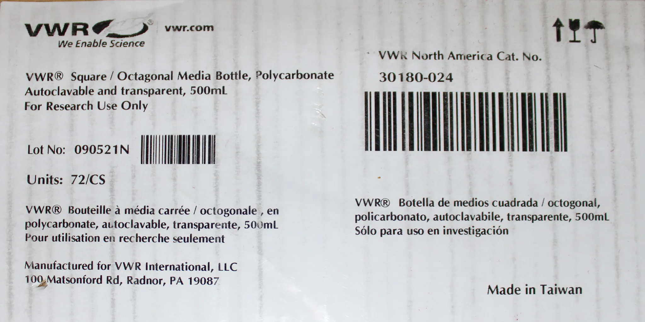 VWR Square/ Octagonal Media Bottle Autoclavable & Clear, 500ml Box of 72/CS - Cat: 30180-024