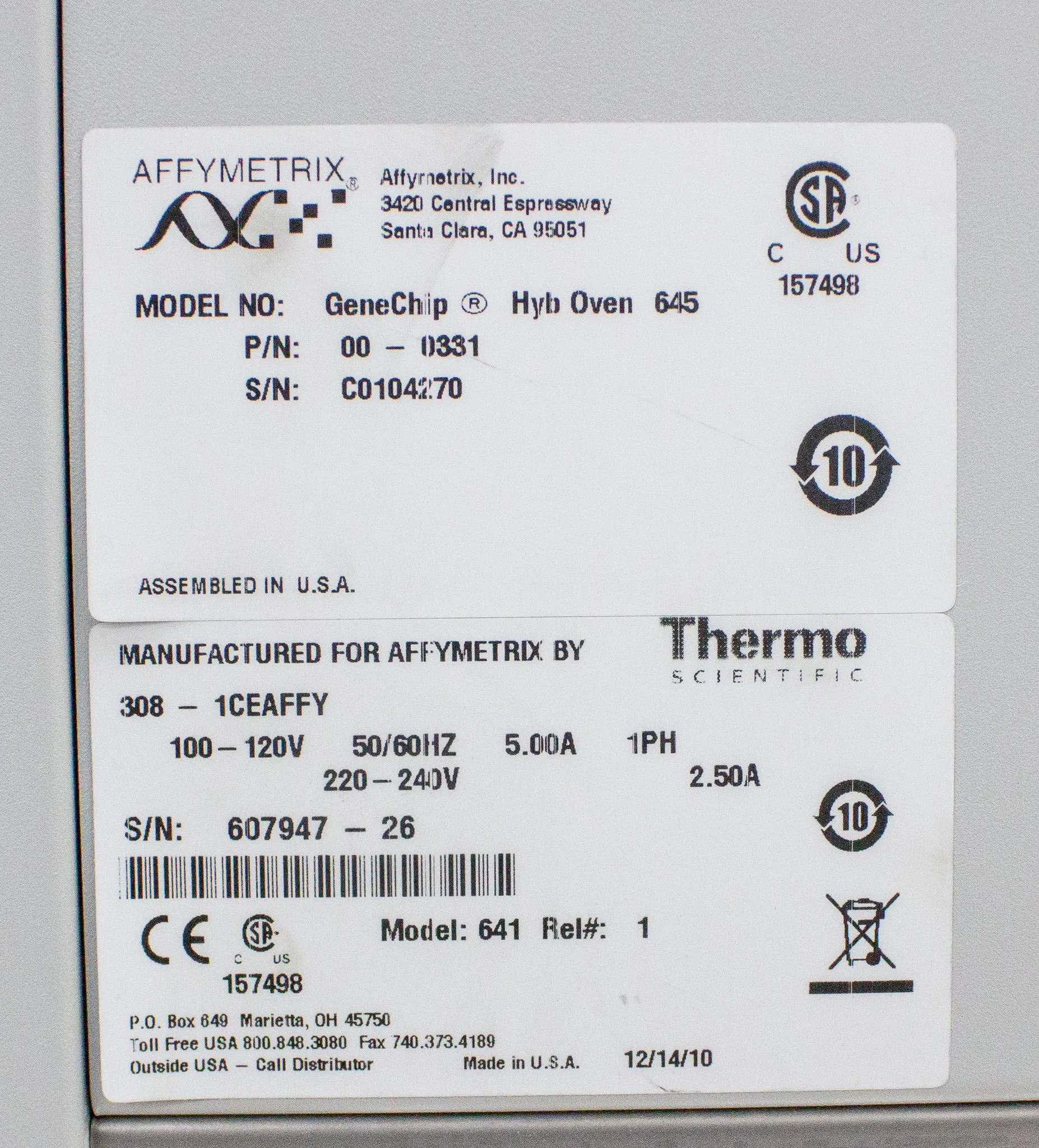 Affymetrix GeneChip Hybridization Oven 645 P/N 00-0331