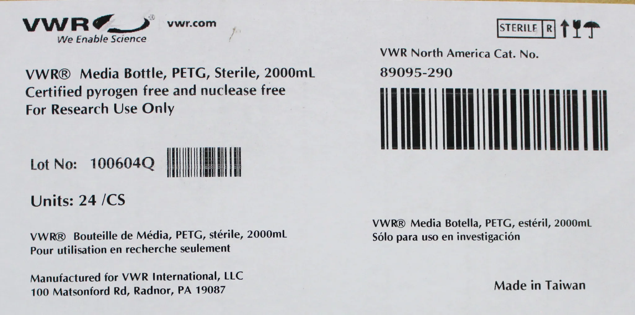 VWR Media Bottle, PETG, Sterile, 2000mL. Cat: 89095-290