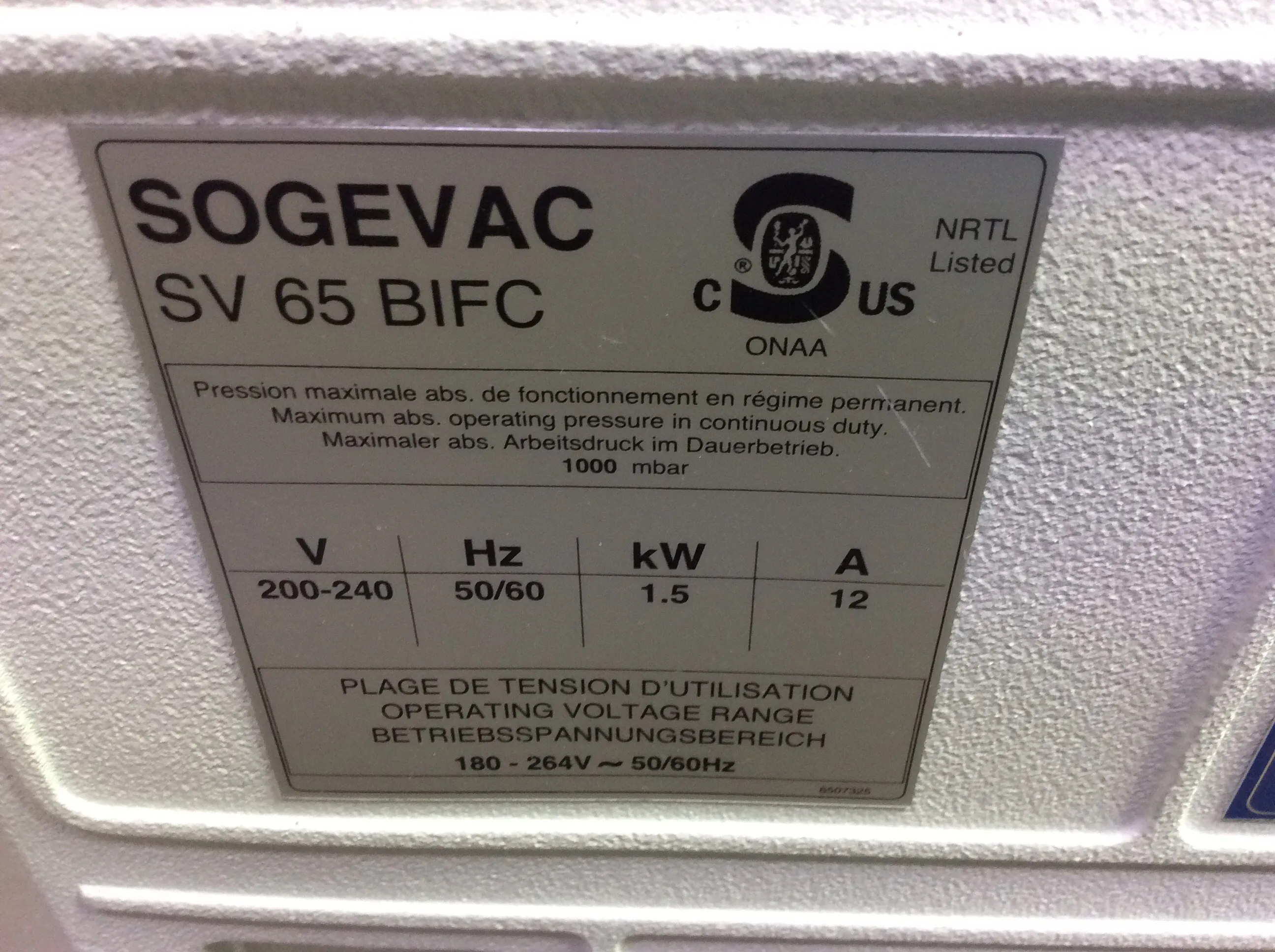 Sogevac SV65 BIFC Vacuum Pump w/cart Used