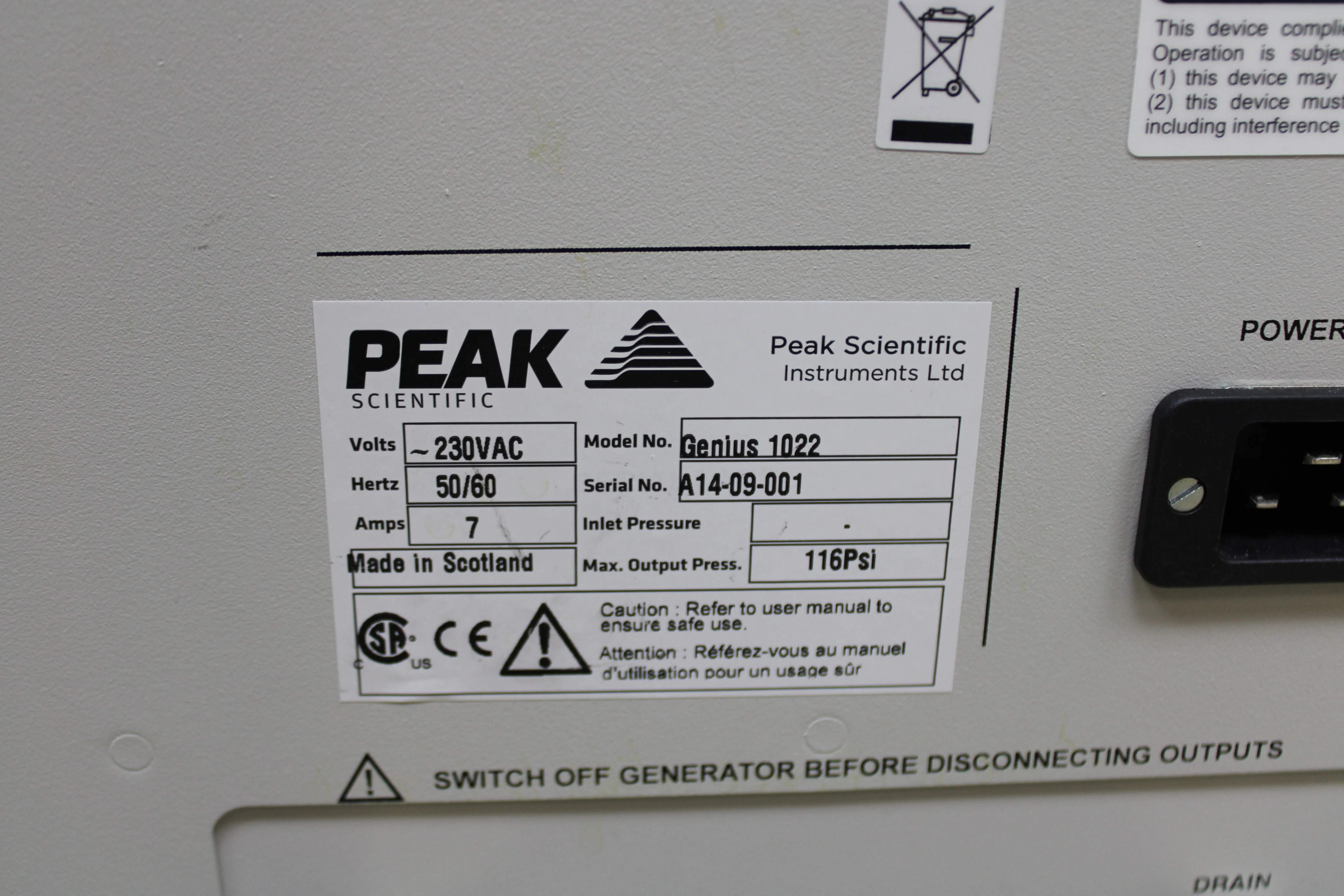 Peak Scientific Genius 1022 Nitrogen Generator Gas Generator