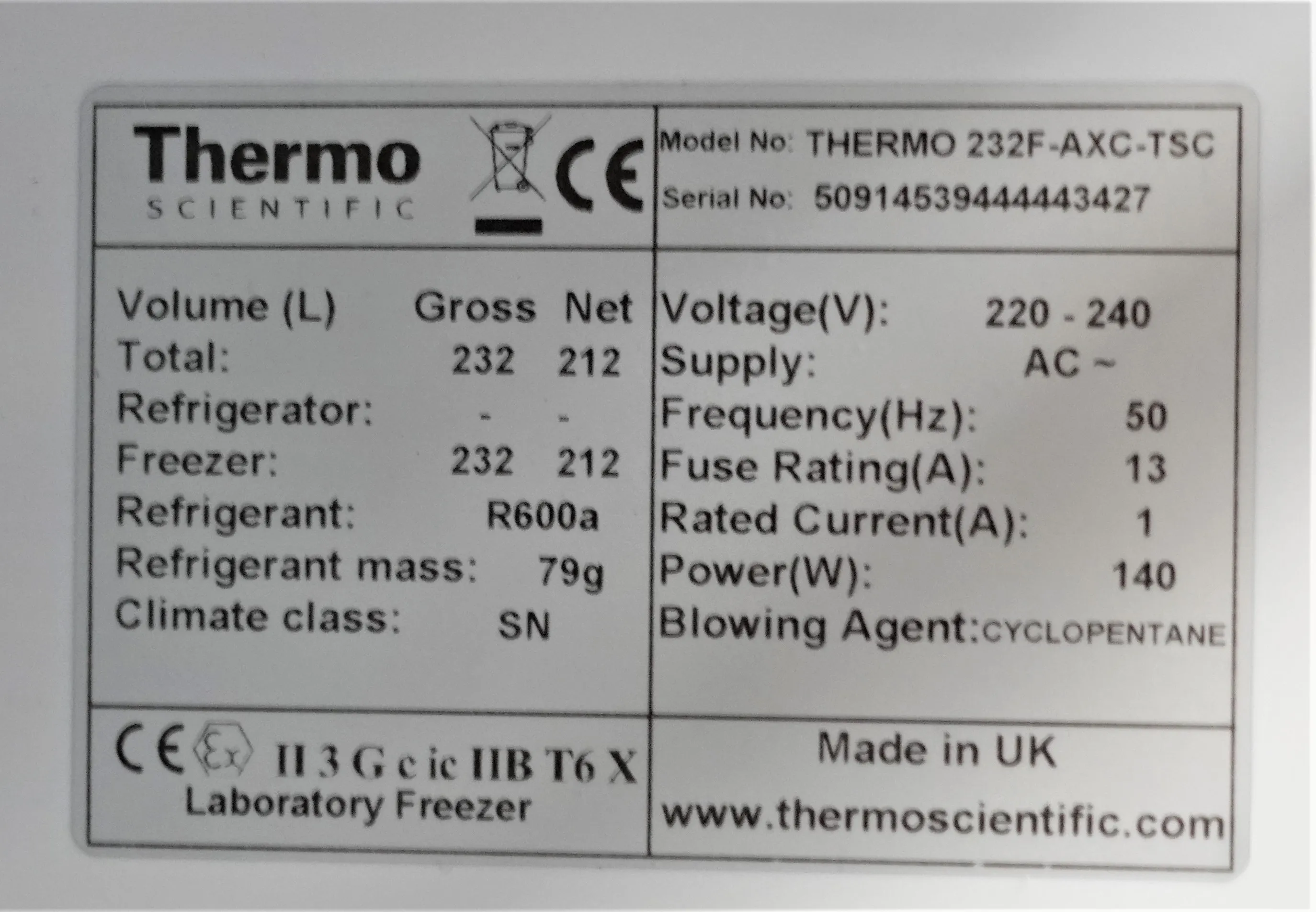 Thermo Scientific ES Series ATEX Certified Spark-Free Lab Freezer 232F-AXC-TSC