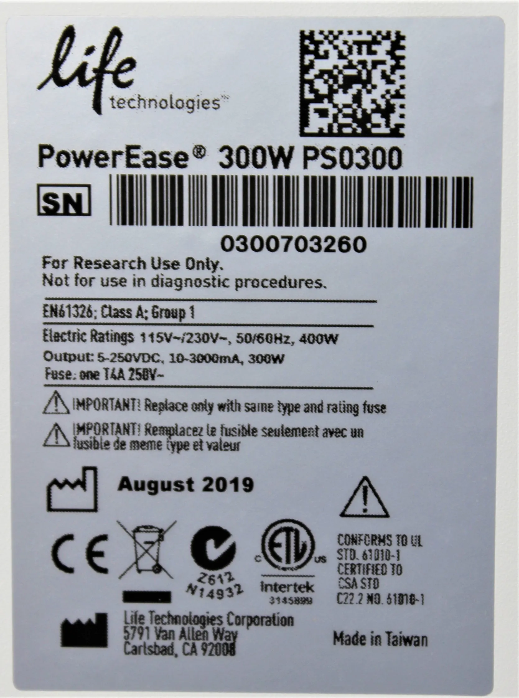 Life Technologies PowerEase 300W PS0300 Programmable Power Supply