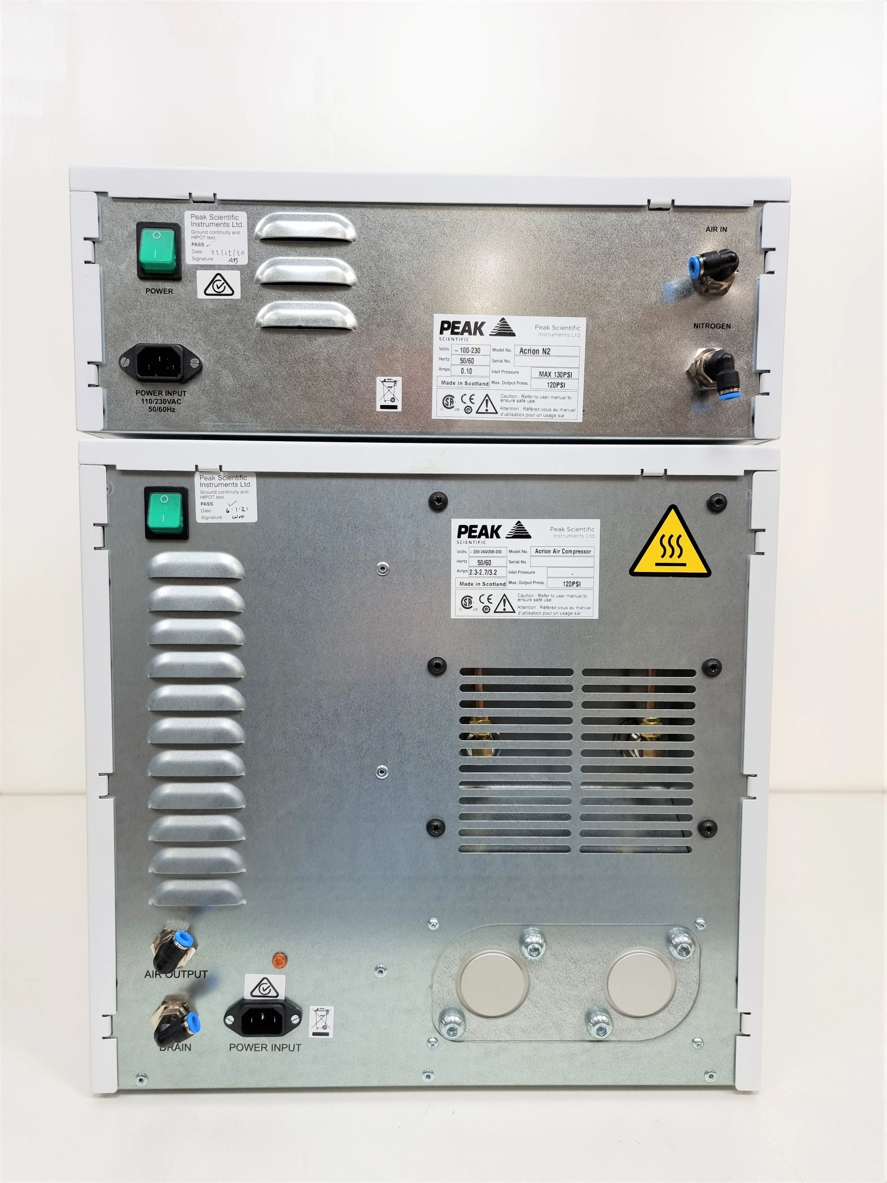 Used Peak Scientific Acrion N2 Nitrogen Generator & Acrion Air Compressor - 120V/220V, 50Hz/60Hz