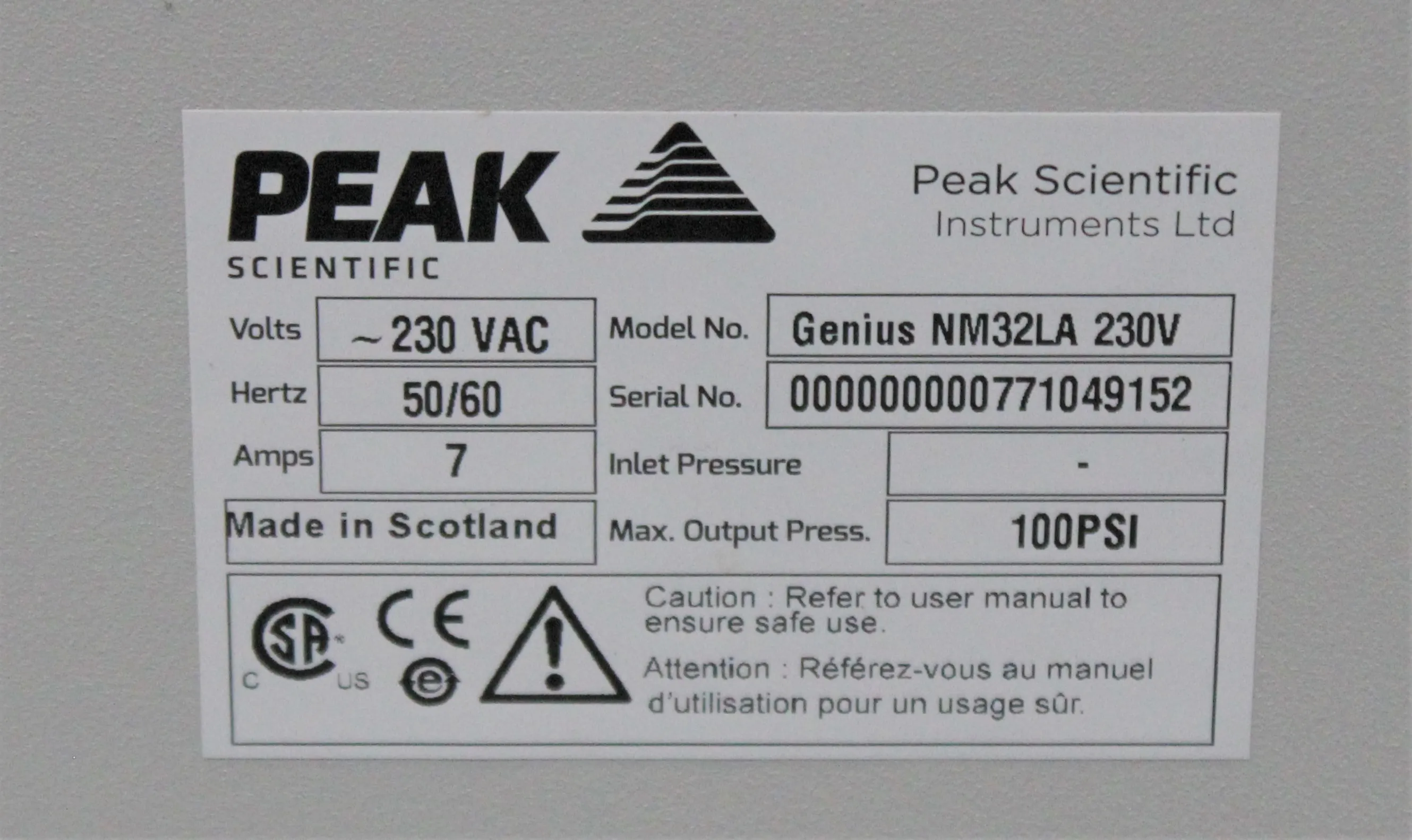 Peak Scientific Genius NM32LA Gas Generator Used Laboratory Equipment