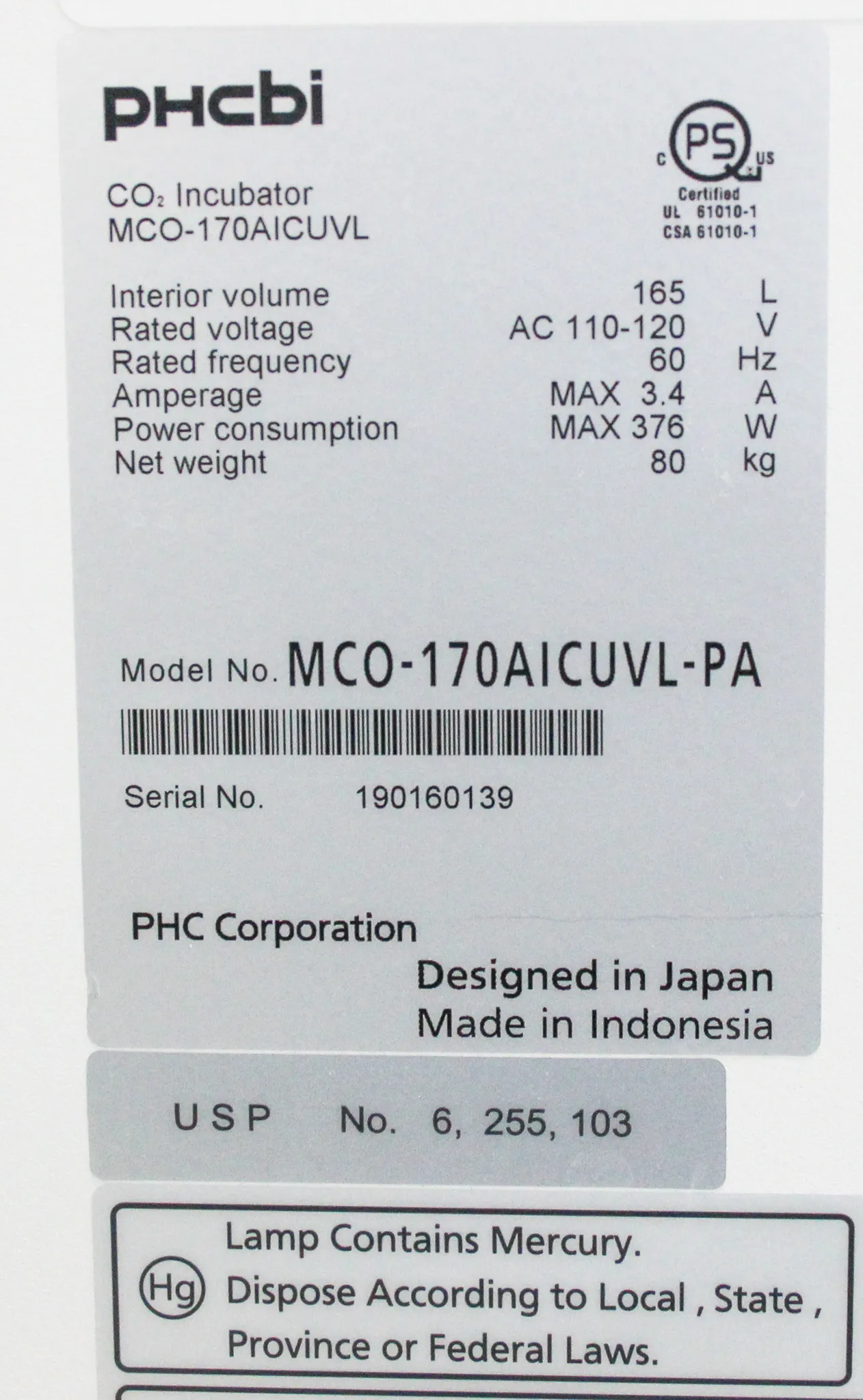 PHCBI Cell-IQ Series 5.8 cu.ft. CO2 Laboratory Incubator MCO-170AICUVL-PA