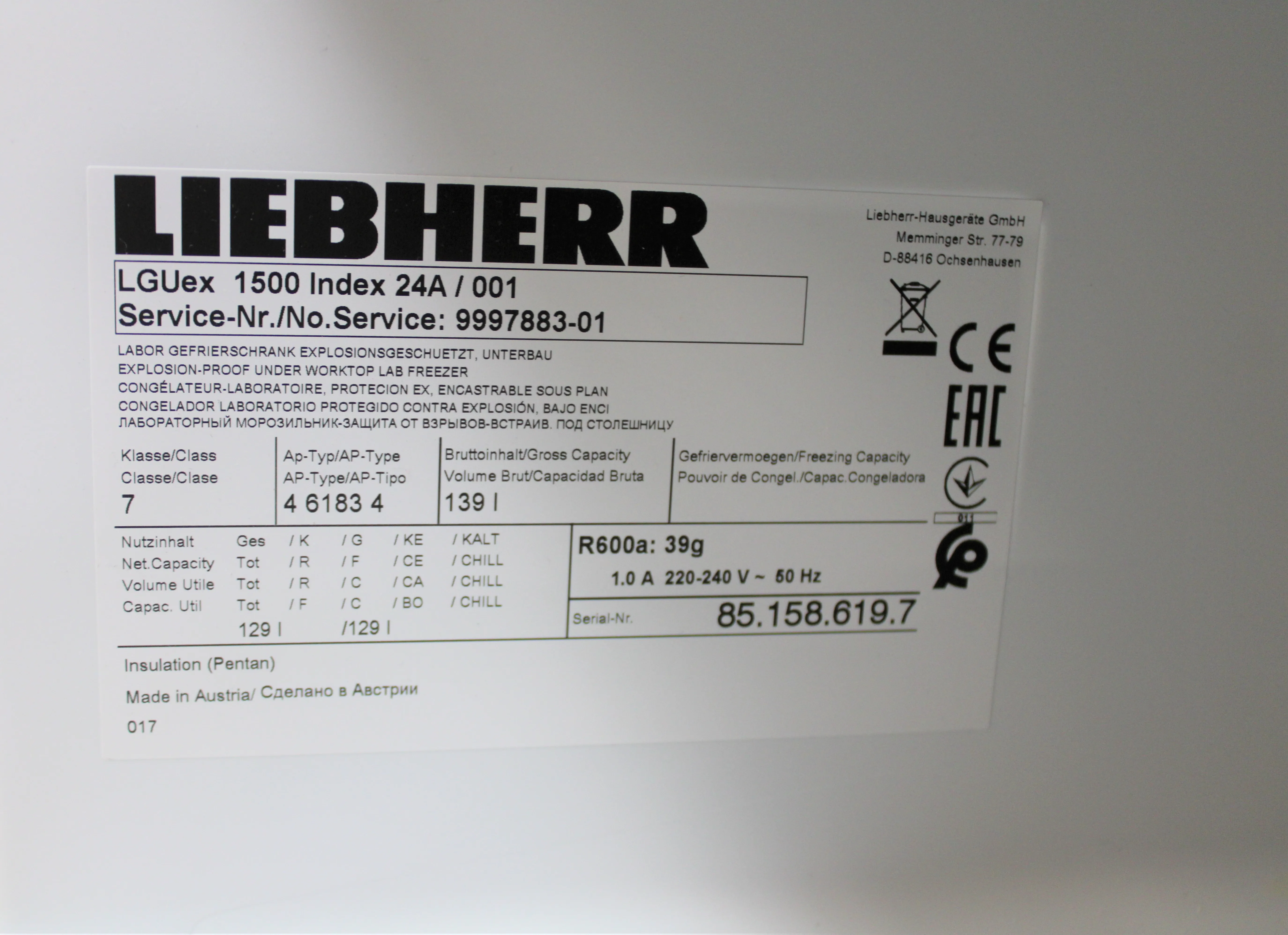 Liebherr LGUex 1500 Explosion-Proof Freezer - Very Good Condition