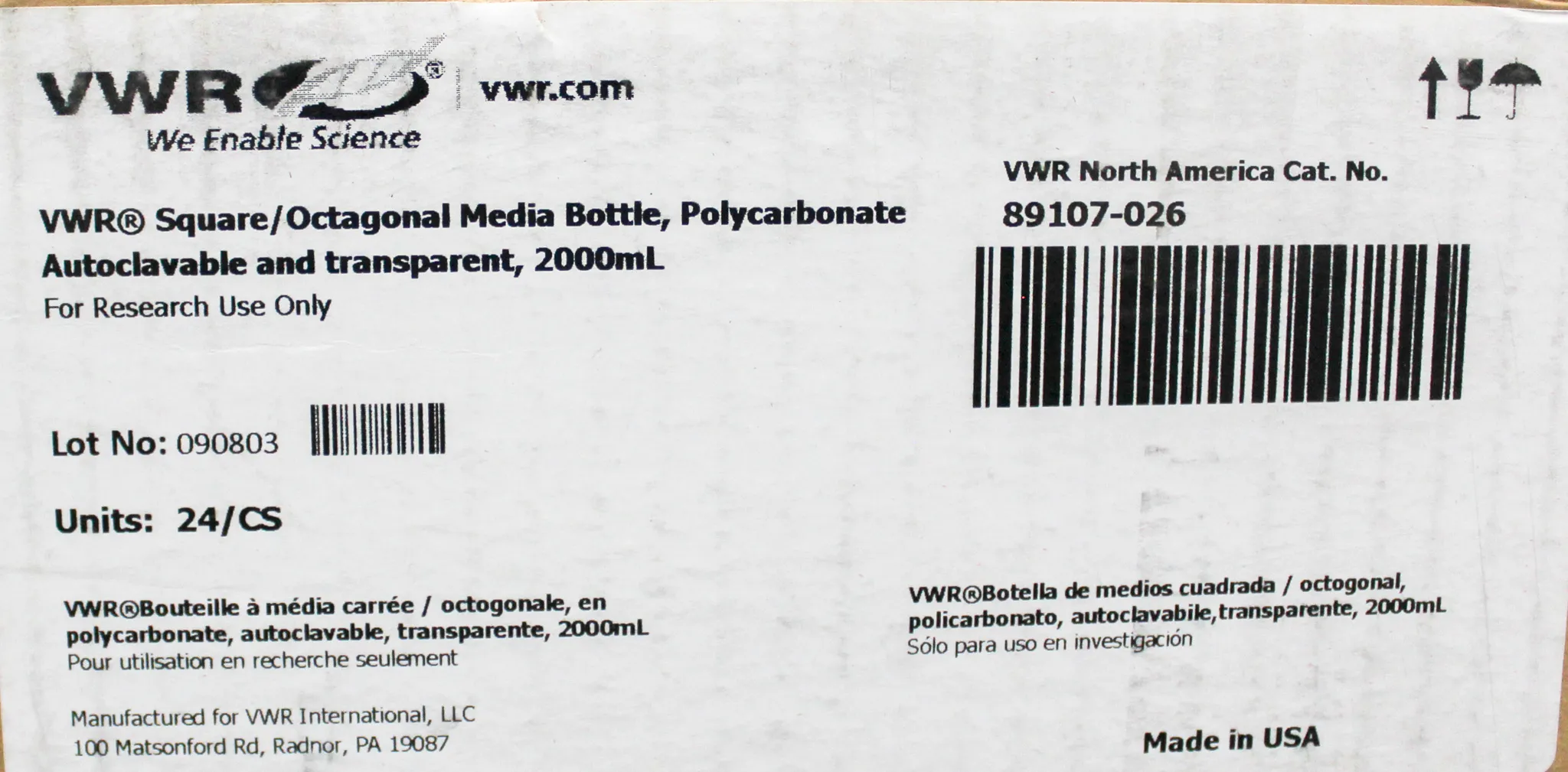 VWR Square/ Octagonal Media Bottle Autoclavable & Clear, 2000ml Box of 24/CS