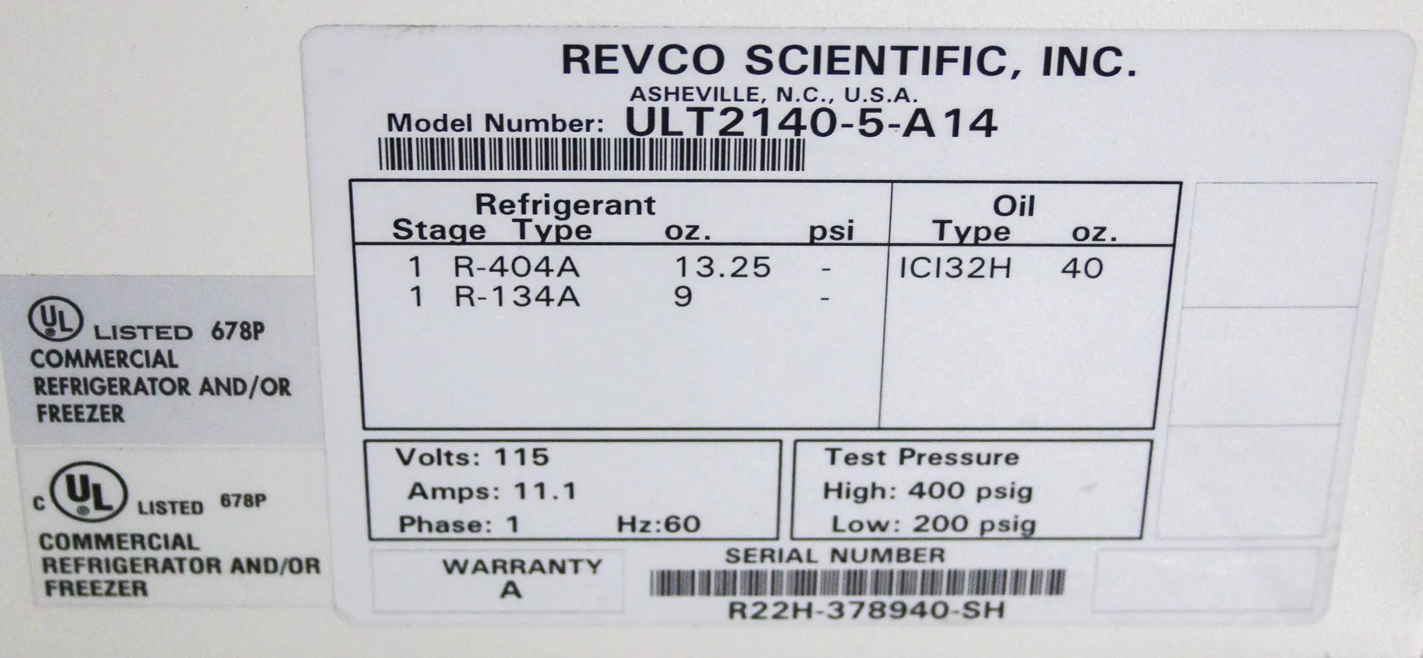 Revco ULT2140-5-A14 Ultra Low Temperature Lab Freezer -40C