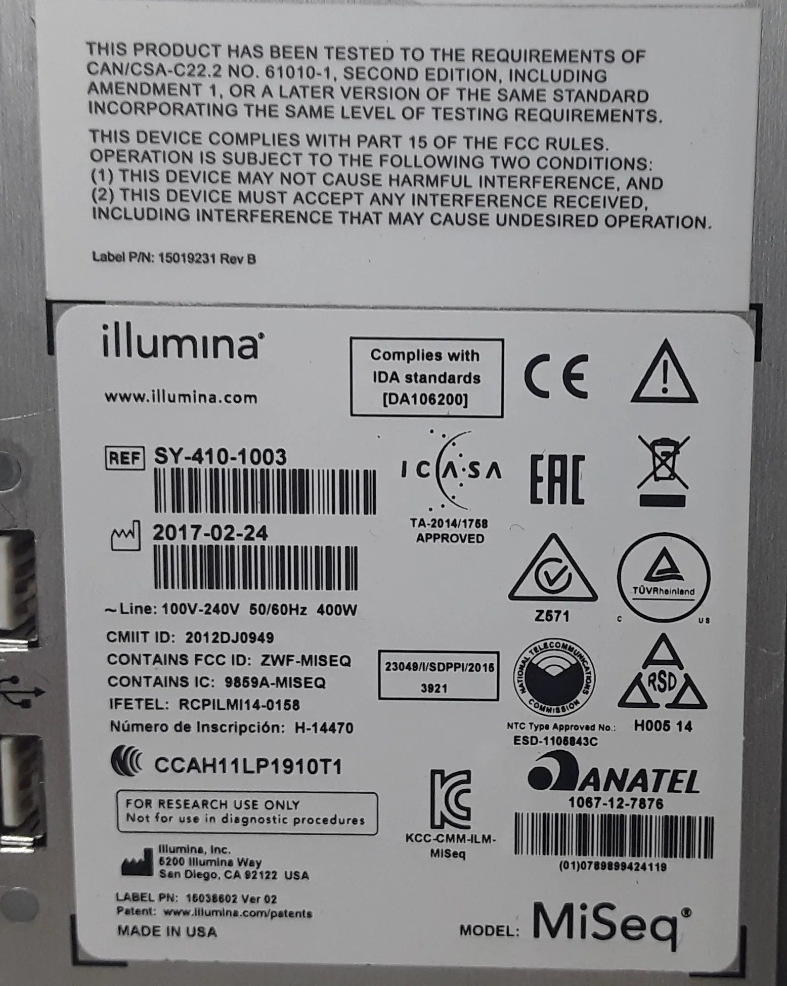 Illumina MiSeq System DNA Sequencer SY-410-1003