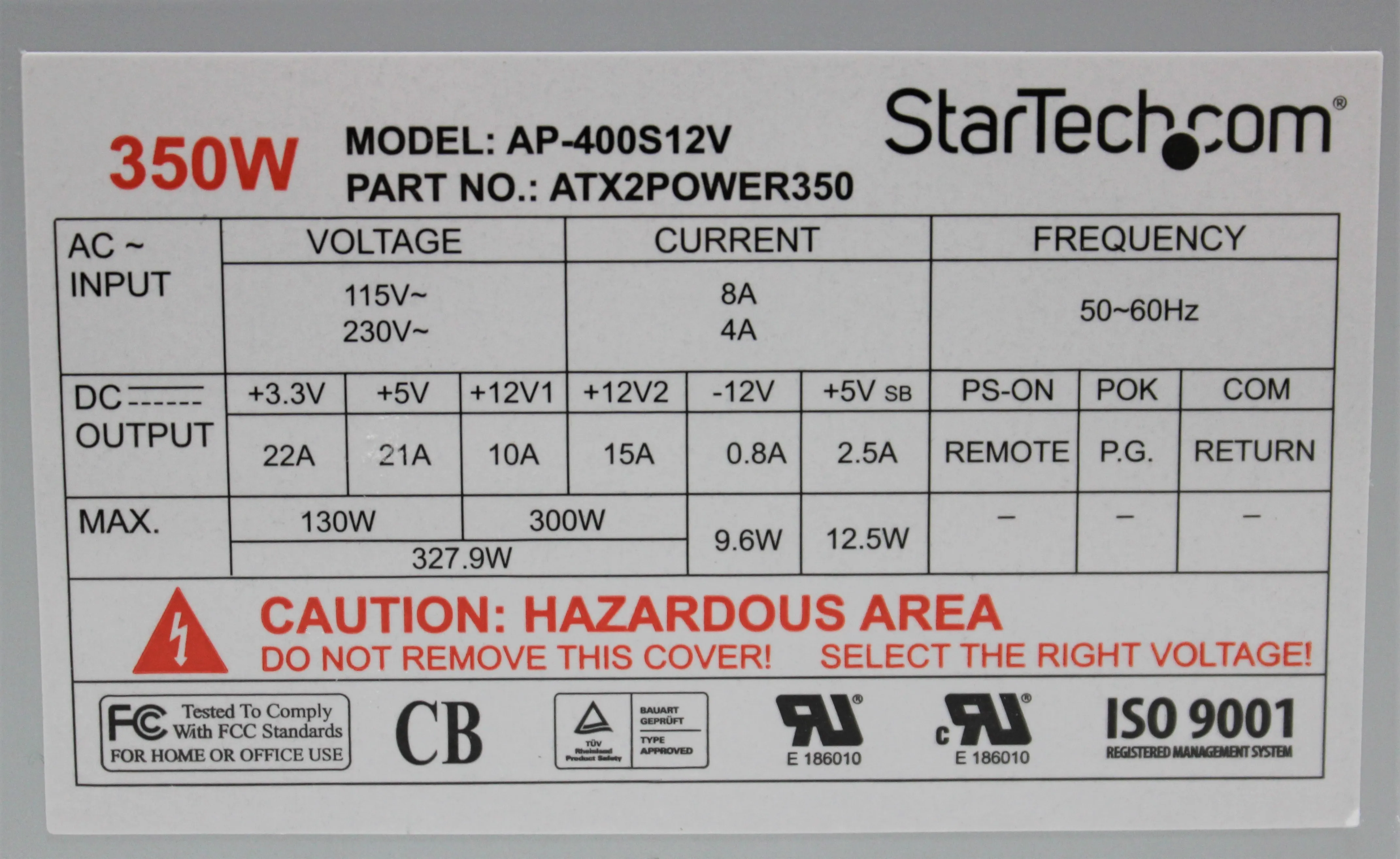 StarTech 350W ATX12V 2.01 Power Supply AP-400S12V