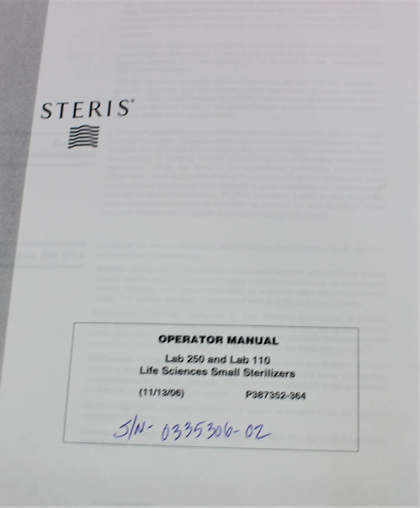 Steris LV 250 Autoclave / Sterilizer