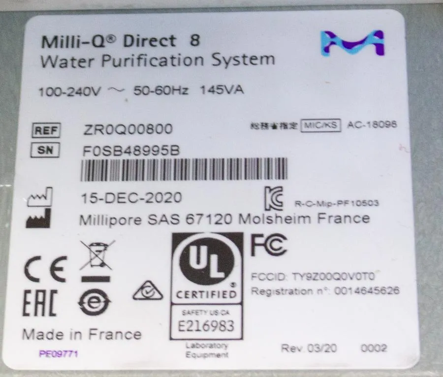 Millipore Milli-Q Direct 8 Water Purification System  w/ 30 Liter PE Tank