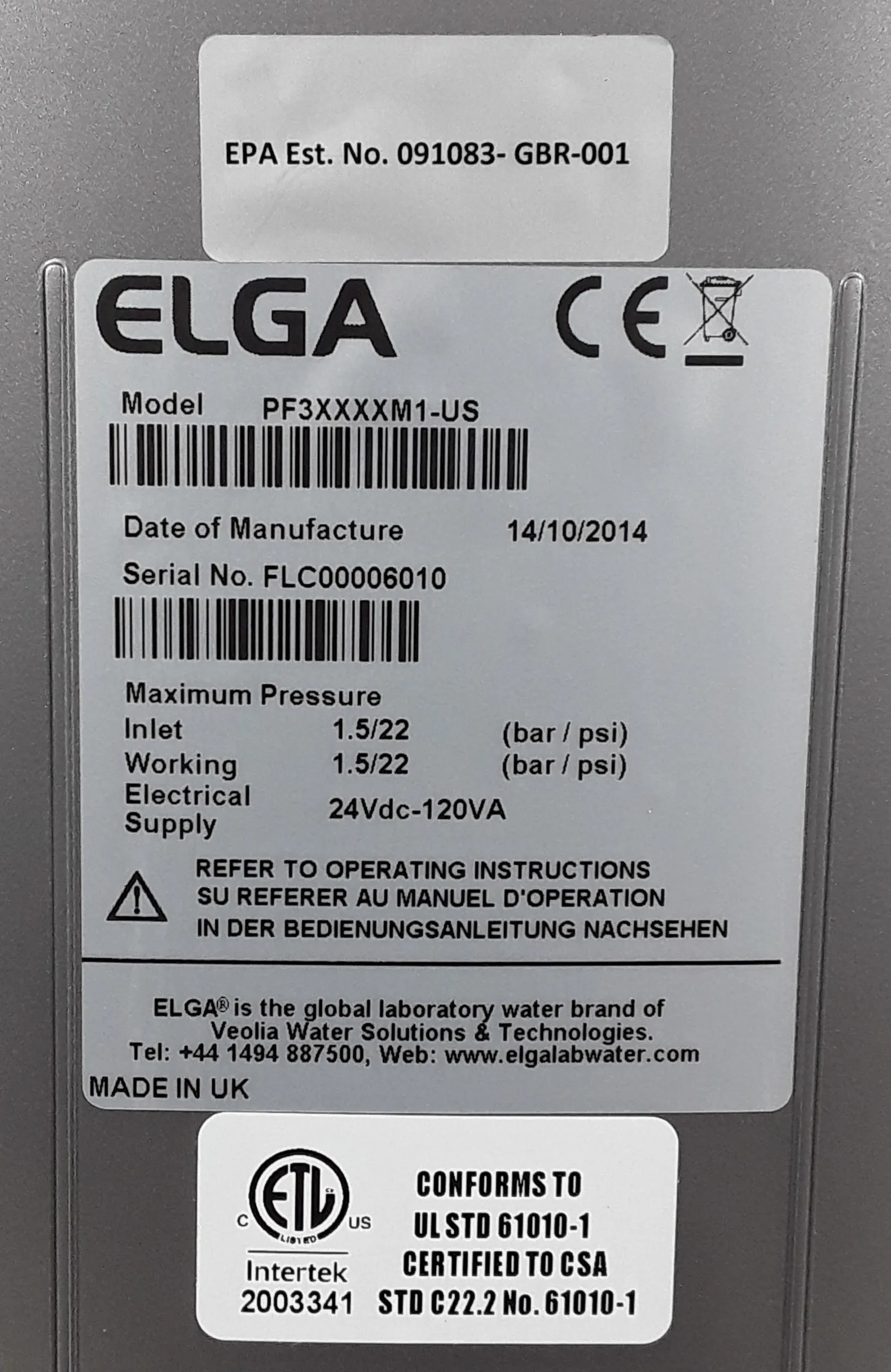 Elga PF3XXXXM1 Purelab Flex-series Water Purification System